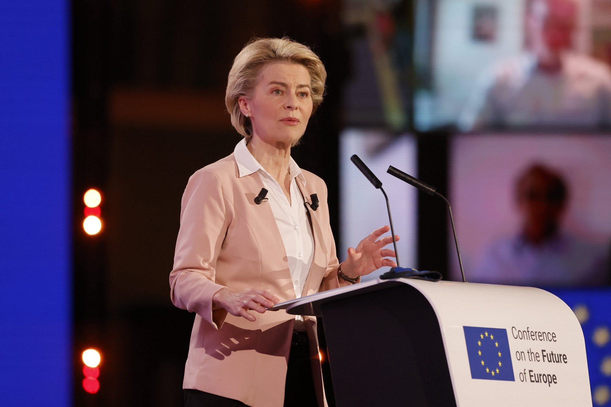 epa09187683 European Commission President Ursula von der Leyen delivers her speech during the Future of Europe conference at the European Parliament in Strasbourg, eastern France, Sunday, May 9, 2021.  EPA/Jean-Francois Badias / POOL  MAXPPP OUT