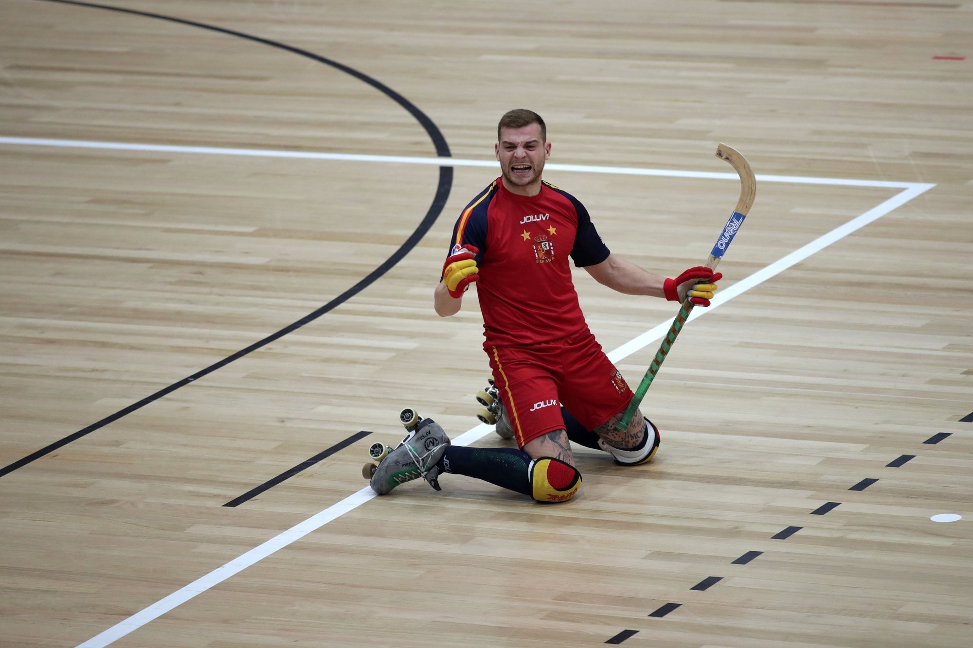 Spain national roller field hockey team player Cesar Carballeira celebrates a goal against France, during the final of the European Roller Hockey Championship, at the Pavilhão Multiusos in Paredes, Portugal, 20th November 2021. ESTELA SILVA/LUSA