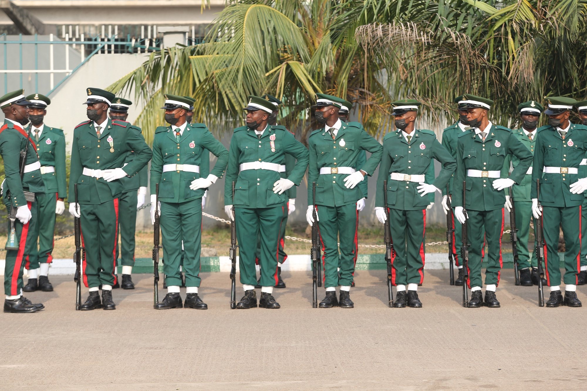 epa09687132 Soldiers stand in line on a parade ground during the celebration marking the Nigerian armed forces remembrance day at the military arcade in Lagos, Nigeria 15 January 2022. Nigeria celebrates armed forces remembrance day amidst security challenges to honour the military fallen heroes. It is an annual event held every 15 January across the 36 states of Nigeria.  EPA/Akintunde Akinleye