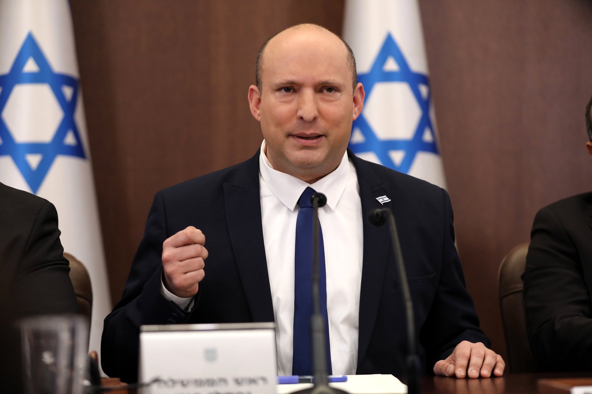 epa09948124 Israeli Prime Minister Naftali Bennett attends a cabinet meeting at the Prime minister&#039;s office in Jerusalem, 15 May 2022.  EPA/ABIR SULTAN / POOL