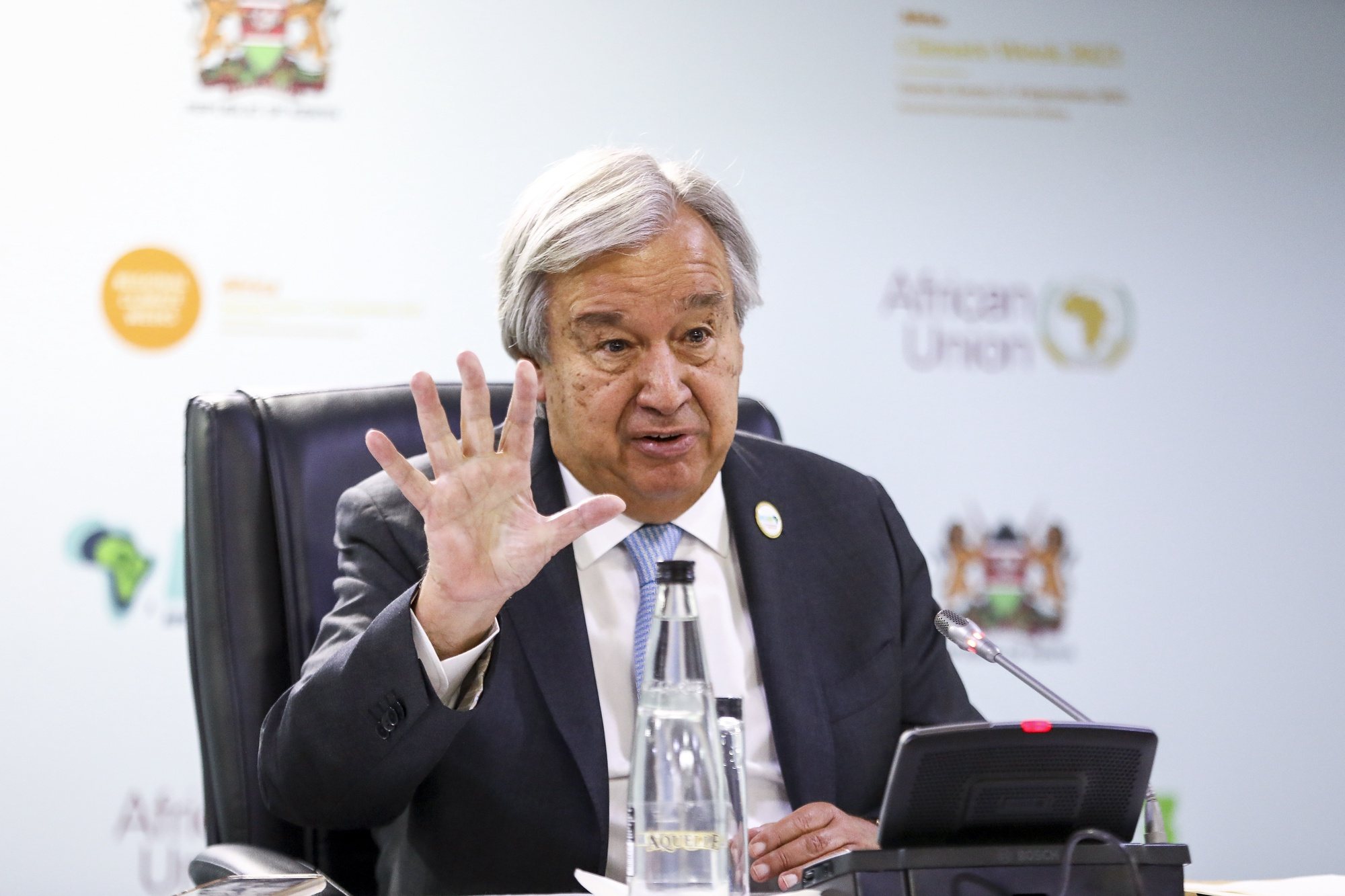 epa10841602 United Nations Secretary-General Antonio Guterres speaks during a press confrence after his speech at the Presidential Day of the ongoing Inaugural Africa Climate Summit (ACS23), at the Kenyatta International Convention Centre (KICC) in Nairobi, Kenya, 05 September 2023. African heads of states are expected to present Africa as a solution to the global warming crisis in a declaration expected to be signed later on during the ongoing summit.  EPA/DANIEL IRUNGU