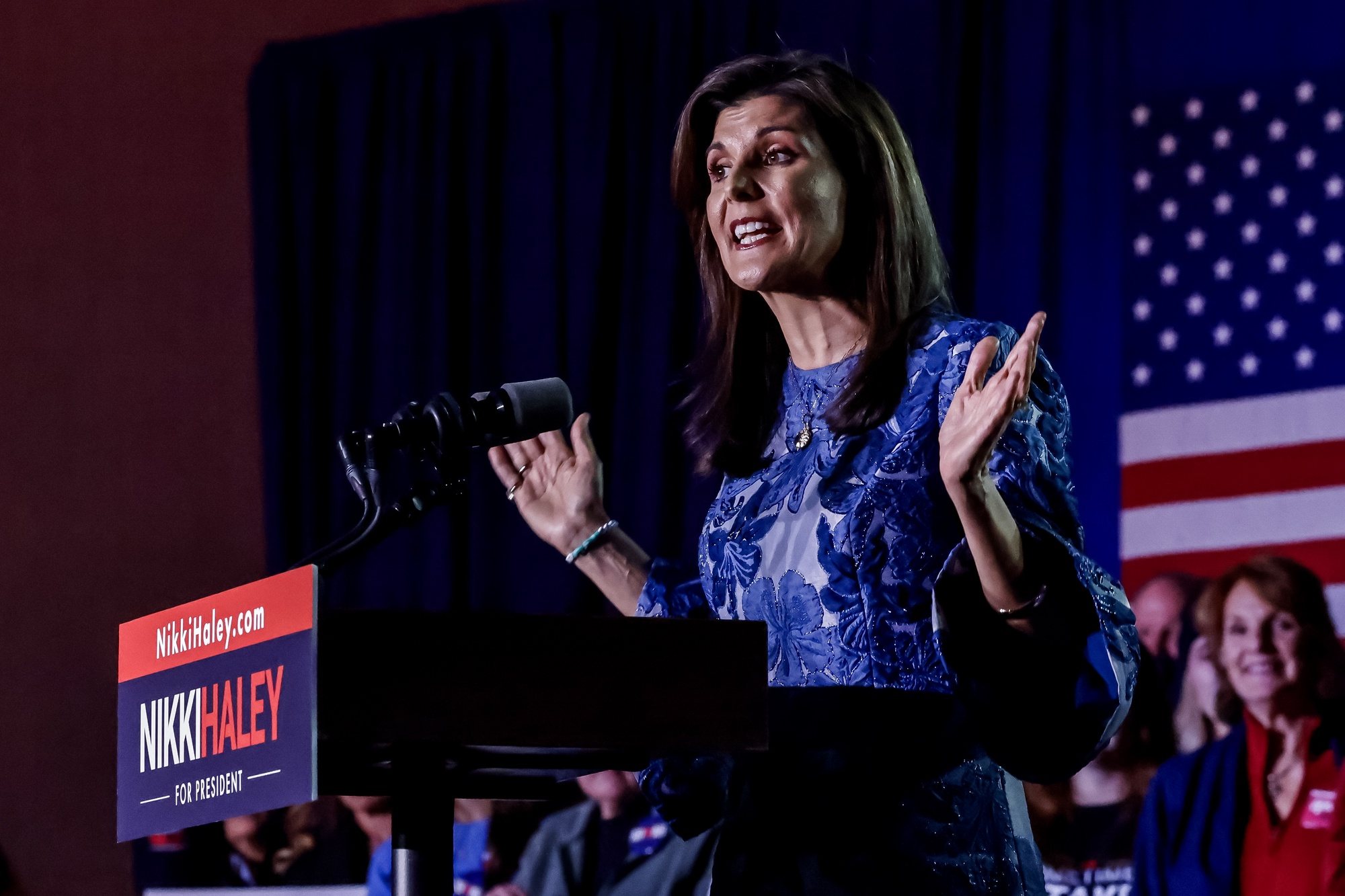 epa11099891 Republican presidential candidate Nikki Haley speaks to supporters at the Grappone Conference Center on Primary Election Day in Concord, New Hampshire, USA, 23 January 2024. Haley faces former US President Donald Trump in the New Hampshire Republican Primary.  EPA/CJ GUNTHER