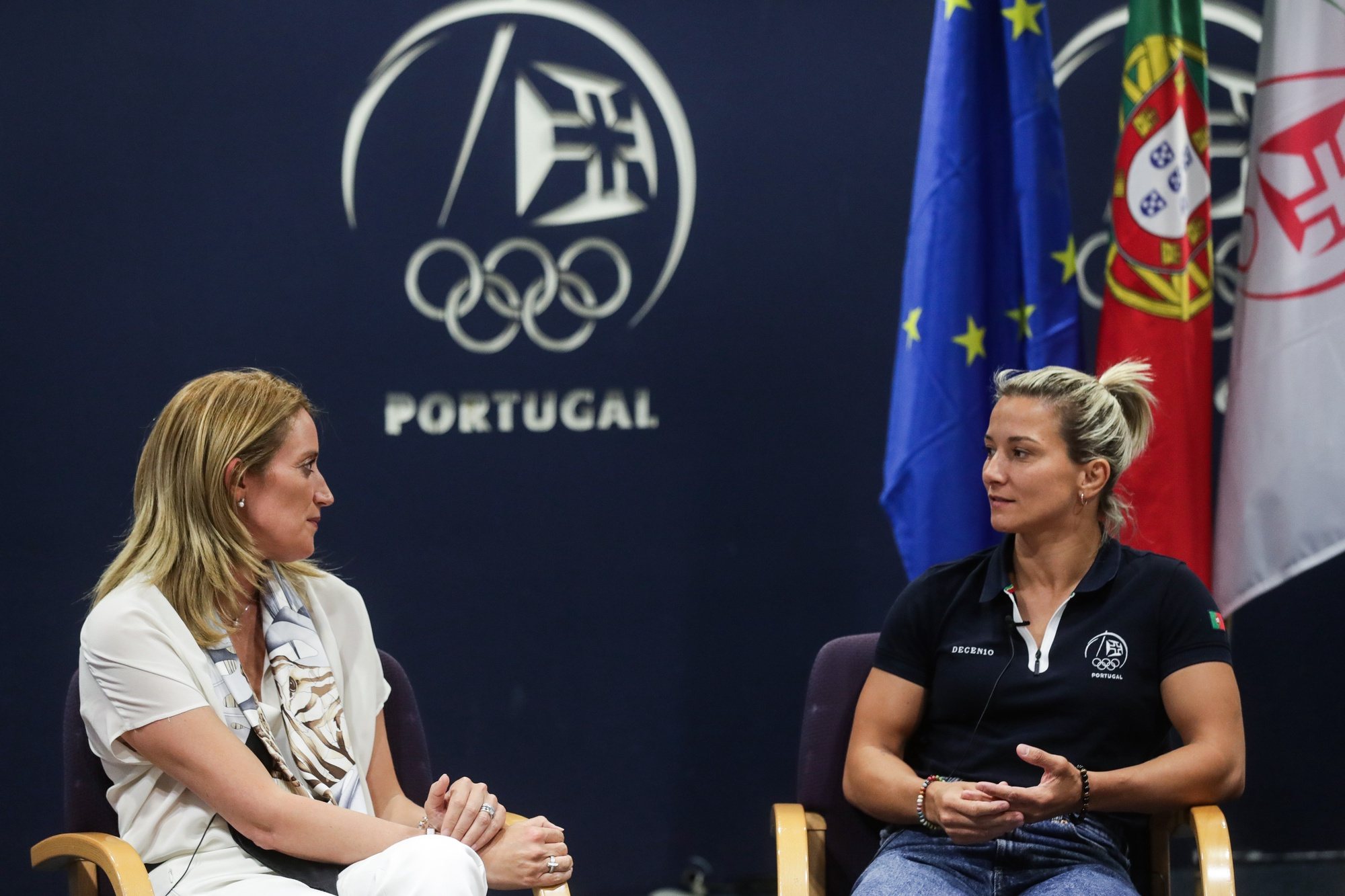 European Parliament President, Roberta Metsola (L), talking with Portuguese athlete Telma Monteiro during her visit to the Portuguese Olympic Committee headquarters in Lisbon, Portugal, 01st september 2022. TIAGO PETINGA/LUSA