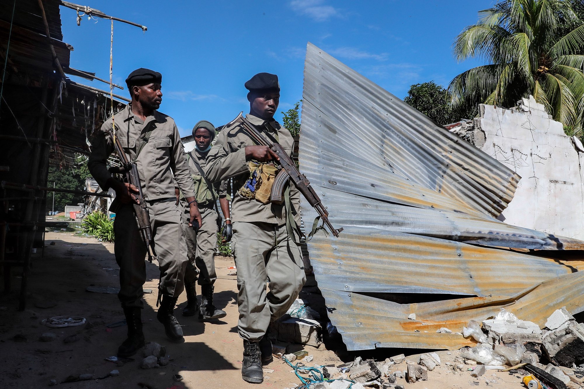 Mozambique army soldiers patrol the destroyed Market of  Palma, Cabo Delgado, Mozambique, 09 April 2021. The violence unleashed more than three years ago in Cabo Delgado province escalated again about two weeks ago, when armed groups first attacked the town of Palma. JOAO RELVAS/LUSA