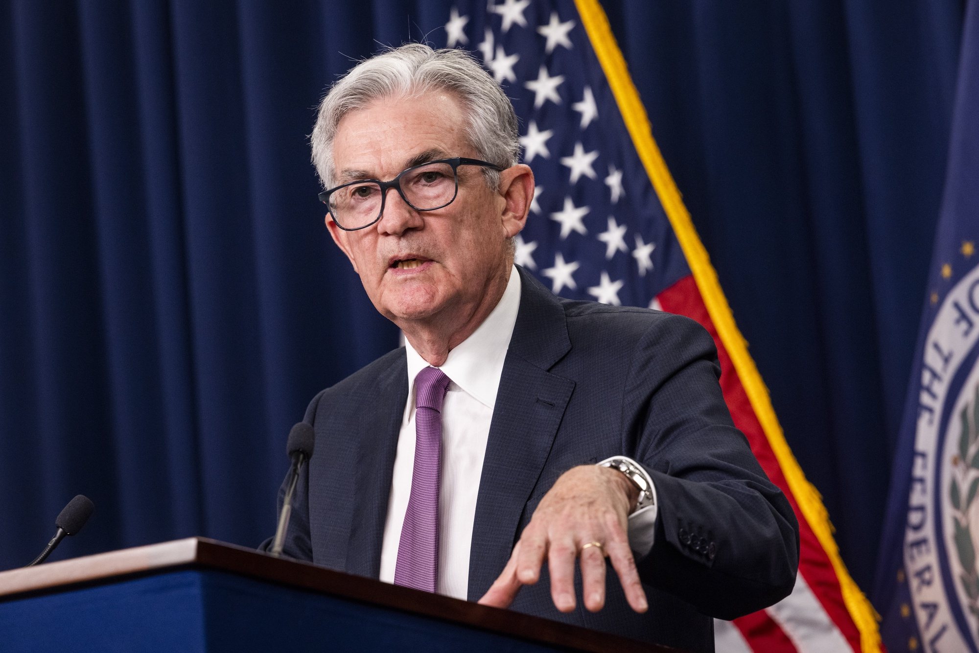 epa10094388 Federal Reserve Board Chairman Jerome Powell holds a news conference after the Fed decided to once again raise interest rates by three-quarters of a percentage point at the William McChesney Martin Jr. Building in Washington, DC, USA, 27 July 2022. The Fed hopes to temper inflation rates, which have reached their highest levels in 40 years.  EPA/JIM LO SCALZO