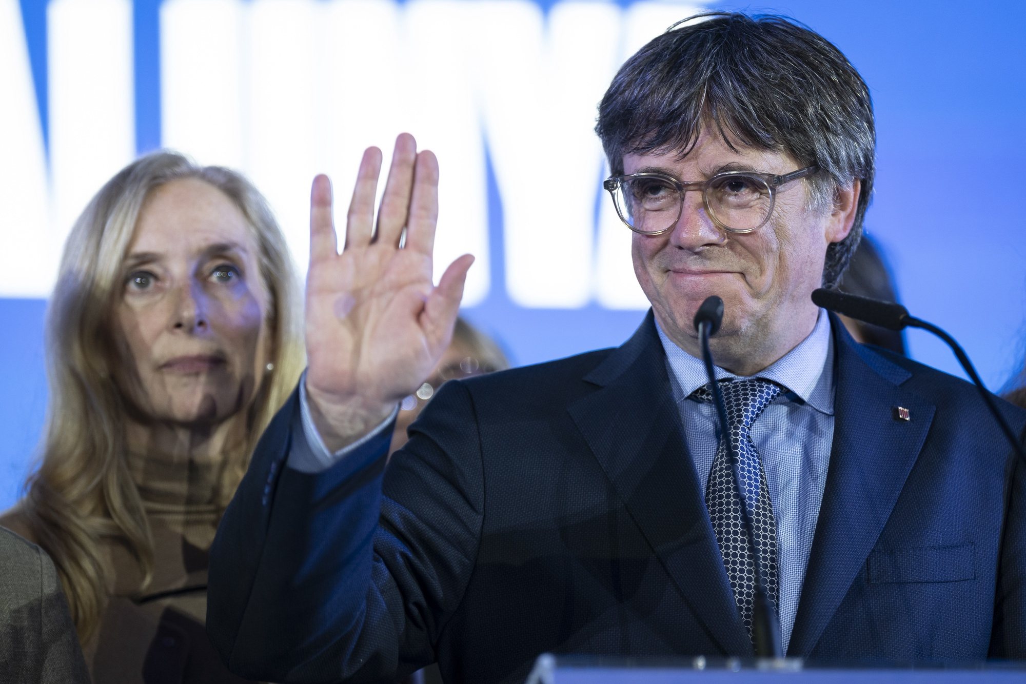 epa11336196 Catalonian JxCat party candidate Carles Puigdemont delivers a press conference during the Catalonia regional election, in Argeles-sur-Mer, France, 12 May 2024. Catalonia holds regional elections on 12 May in which Catalans are called to elect the 15th Parliament of the autonomous community of Catalonia.  EPA/David Borrat