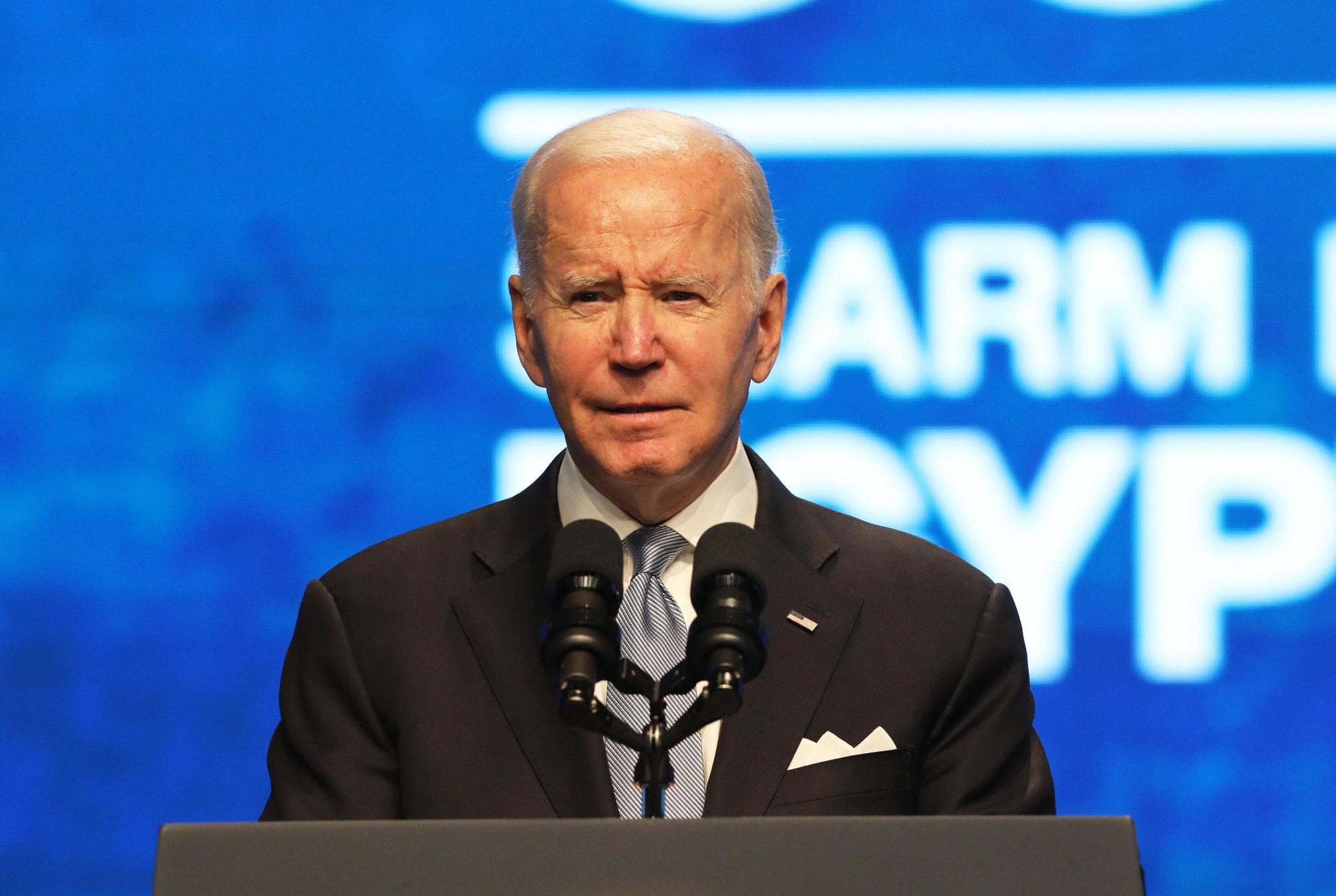 epa10300106 US President Joe Biden delivers his speech at the 2022 United Nations Climate Change Conference (COP27), in Sharm El-Sheikh, Egypt, 11 November 2022. The 2022 United Nations Climate Change Conference (COP27), runs from 06-18 November, and is expected to host one of the largest number of participants in the annual global climate conference as over 40,000 estimated attendees, including heads of states and governments, civil society, media and other relevant stakeholders will attend. The events will include a Climate Implementation Summit, thematic days, flagship initiatives, and Green Zone activities engaging with climate and other global challenges.  EPA/KHALED ELFIQI