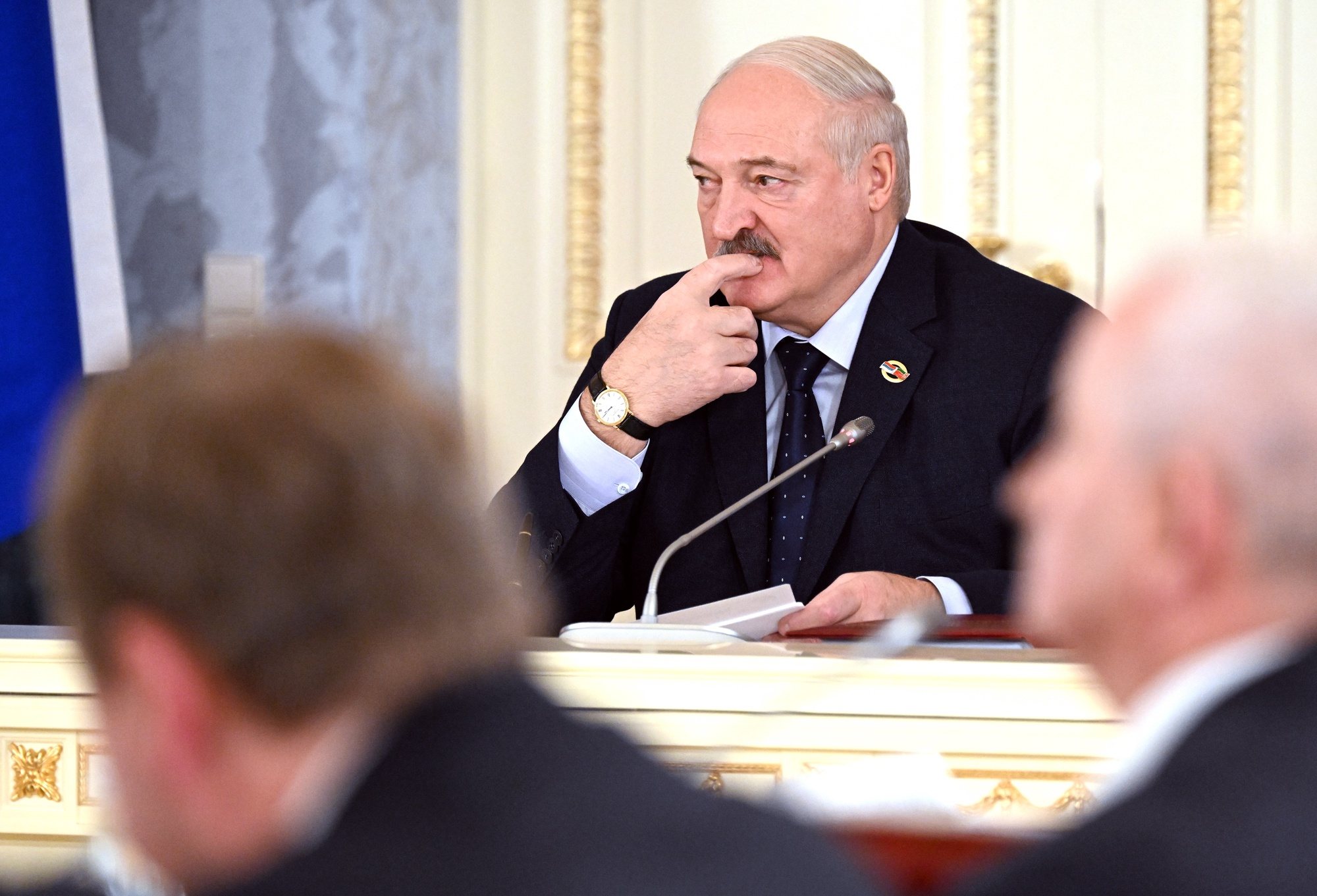 epa11112587 Belarusian President Alexander Lukashenko attends a meeting of the Supreme State Council of the Russia-Belarus Union State in St. Petersburg, Russia, 29 January 2024. At a meeting of the Supreme State Council of the Union State, Alexander Lukashenko announced the need to intensify cooperation in the field of import substitution and proposed creating a union media holding.  EPA/PAVEL BEDNYAKOV / SPUTNIK / GOVERNMENT PRESS SERVICE POOL MANDATORY CREDIT