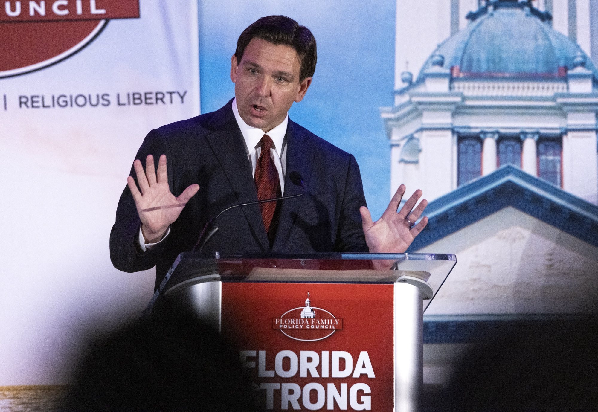 epa10642429 Florida Governor Ron DeSantis speaks during the Florida Family Policy Council 18th Annual Dinner Gala at the Rosen Plaza Hotel in Orlando, Florida, USA, 20 May 2023. According to several media sources, DeSantis is expected to file Federal Election Commission paperwork declaring his candidacy next week in Miami, Florida. Florida Family Policy Council (FFPC) is one of 38 state-based policy councils around the country associated with the Family Policy Alliance.  EPA/CRISTOBAL HERRERA-ULASHKEVICH