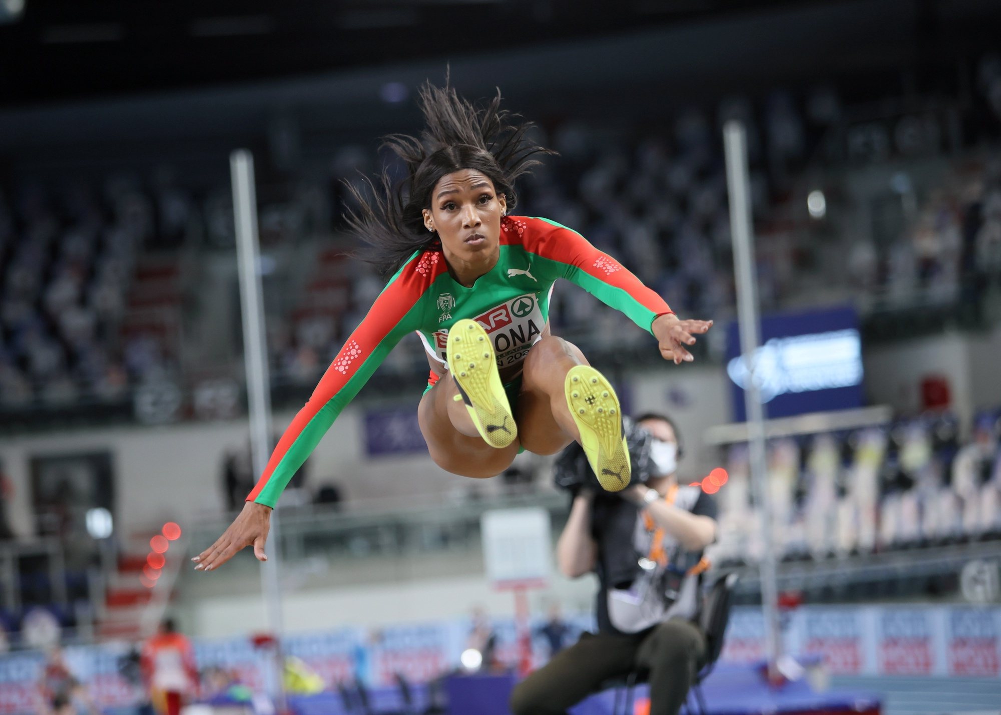 epa09056340 Patricia Mamona of Portugal competes in the women&#039;s Triple Jump qualification of the 36th European Athletics Indoor Championships at the Arena Torun, in Torun, north-central Poland, 06 March 2021.  EPA/LESZEK SZYMANSKI POLAND OUT