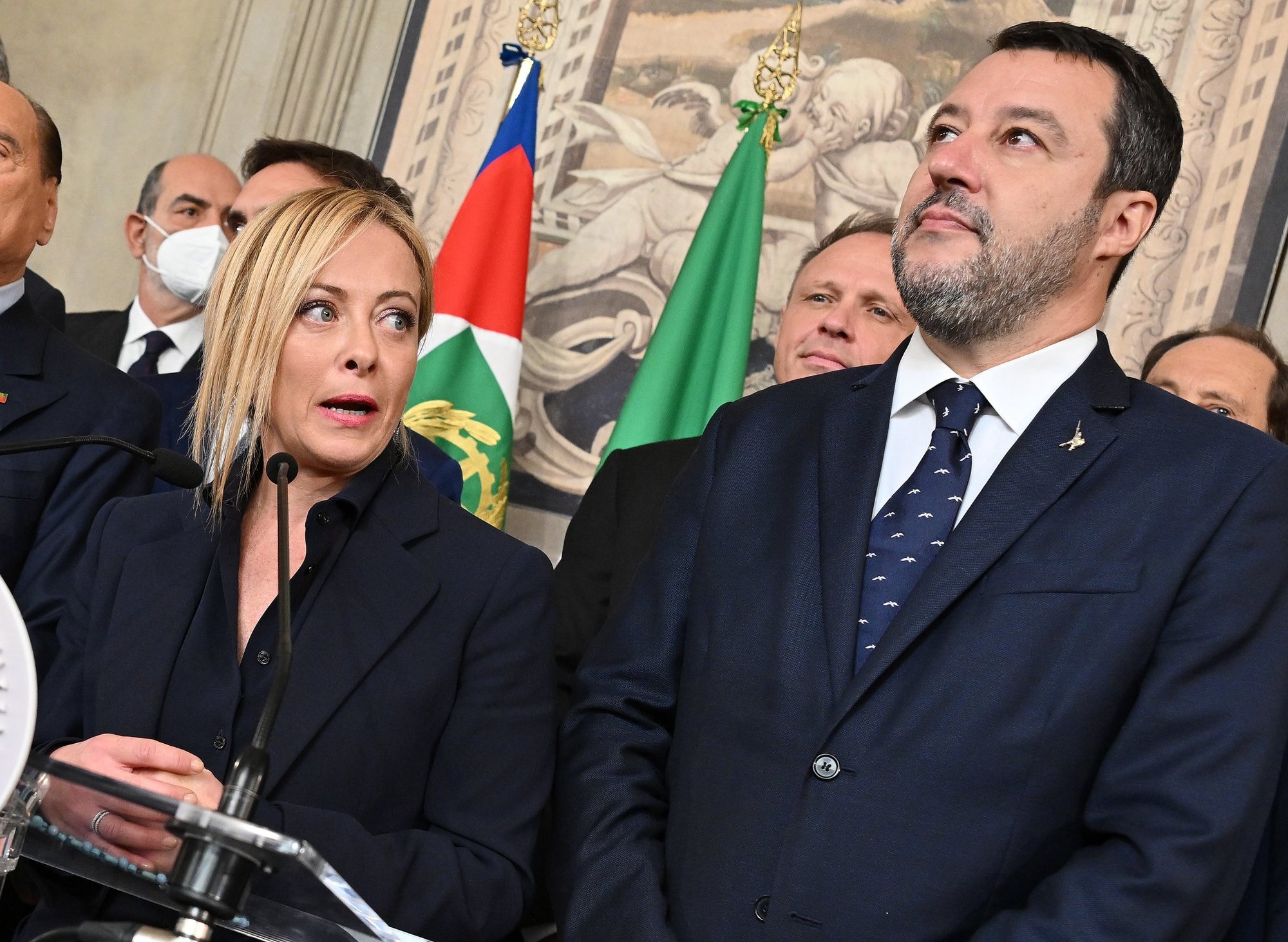 epa10256649 President of the Brothers of Italy party (Fratelli d&#039;Italia, FdI) Giorgia Meloni (L), and Italian Lega party leader Matteo Salvini (R) address the media after a meeting with Italian President Sergio Mattarella for the first round of formal political consultations for new government at the Quirinale Palace in Rome, Italy, 21 October 2022.  EPA/ETTORE FERRARI