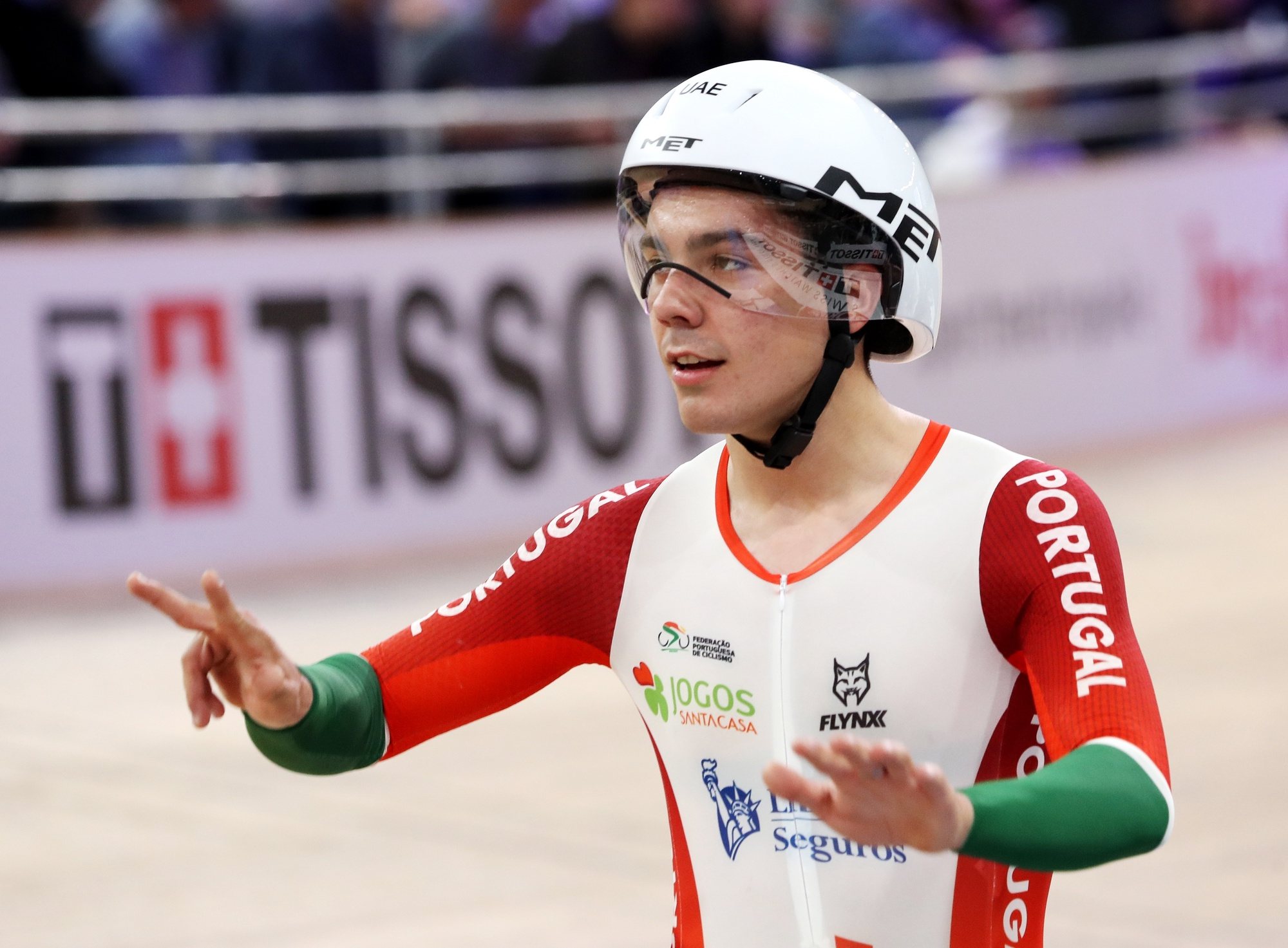 epa08253438 Iuri Leitao of Portugal gestures after the Men&#039;s Scratch Race at the UCI Track Cycling World Championships in Berlin, Germany, 27 February 2020.  EPA/FOCKE STRANGMANN