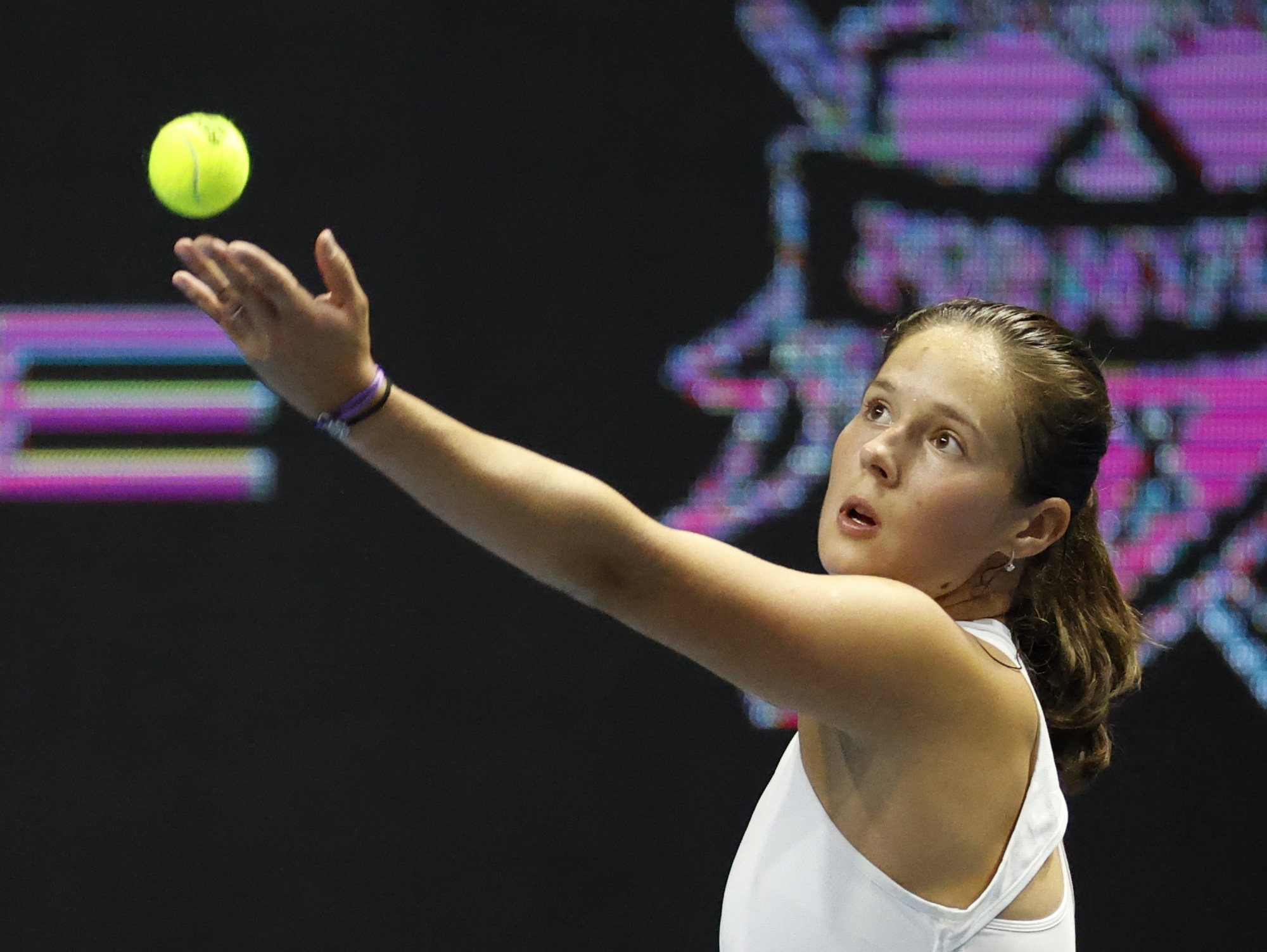 epa09085922 Daria Kasatkina of Russia in action against Svetlana Kuznetsova of Russia during their semi final match of the St. Petersburg Ladies Trophy 2021 WTA tennis tournament in St.Petersburg, Russia, 20 March 2021  EPA/ANATOLY MALTSEV