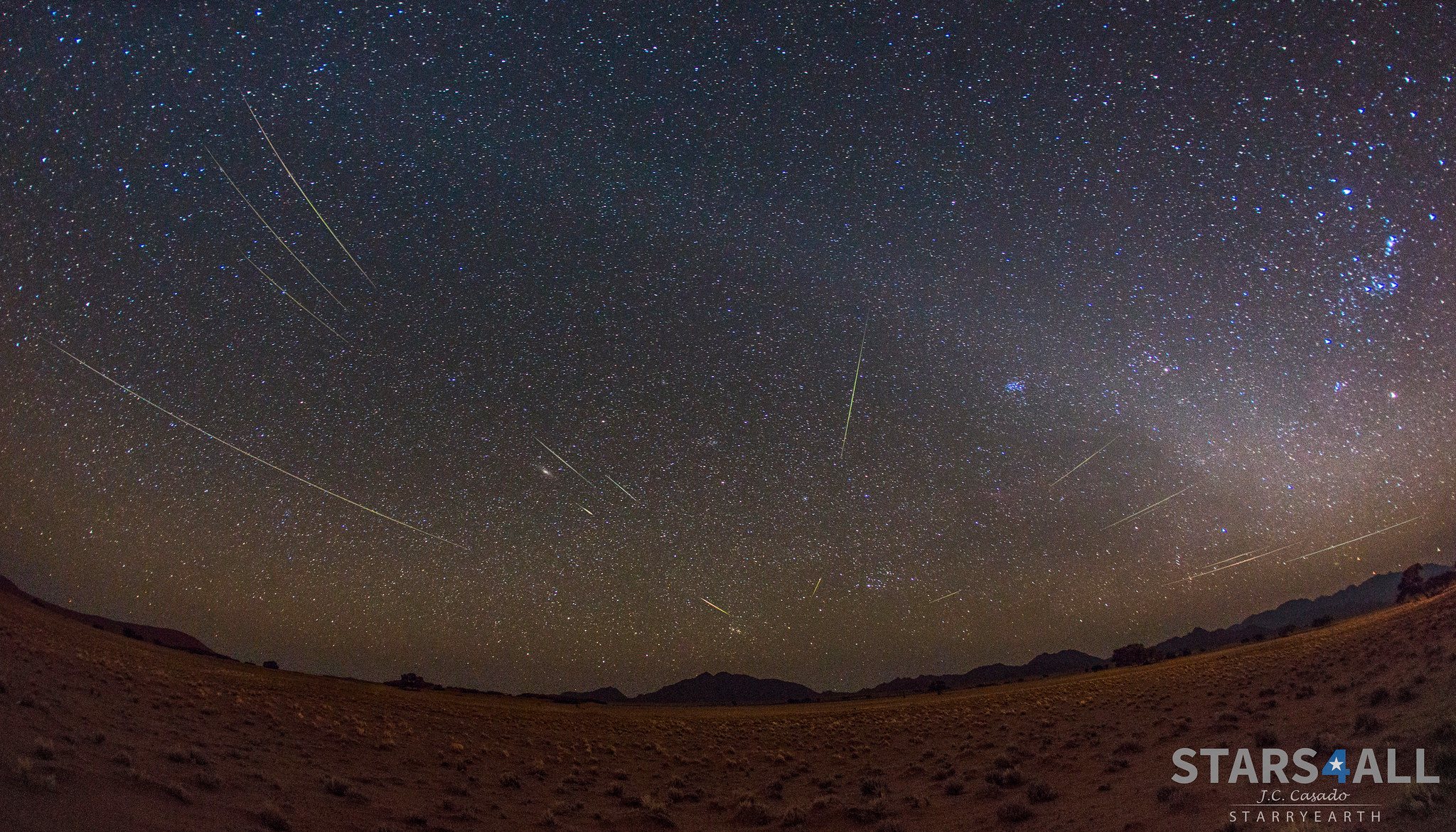 Composite of Perseids meteors shower during the night of 11 August 2016 (01:10 UT - 04:25 UT) from Sesriem, Namibia. At right is visible the zodiacal light and the bridge light to the upper left corner.
