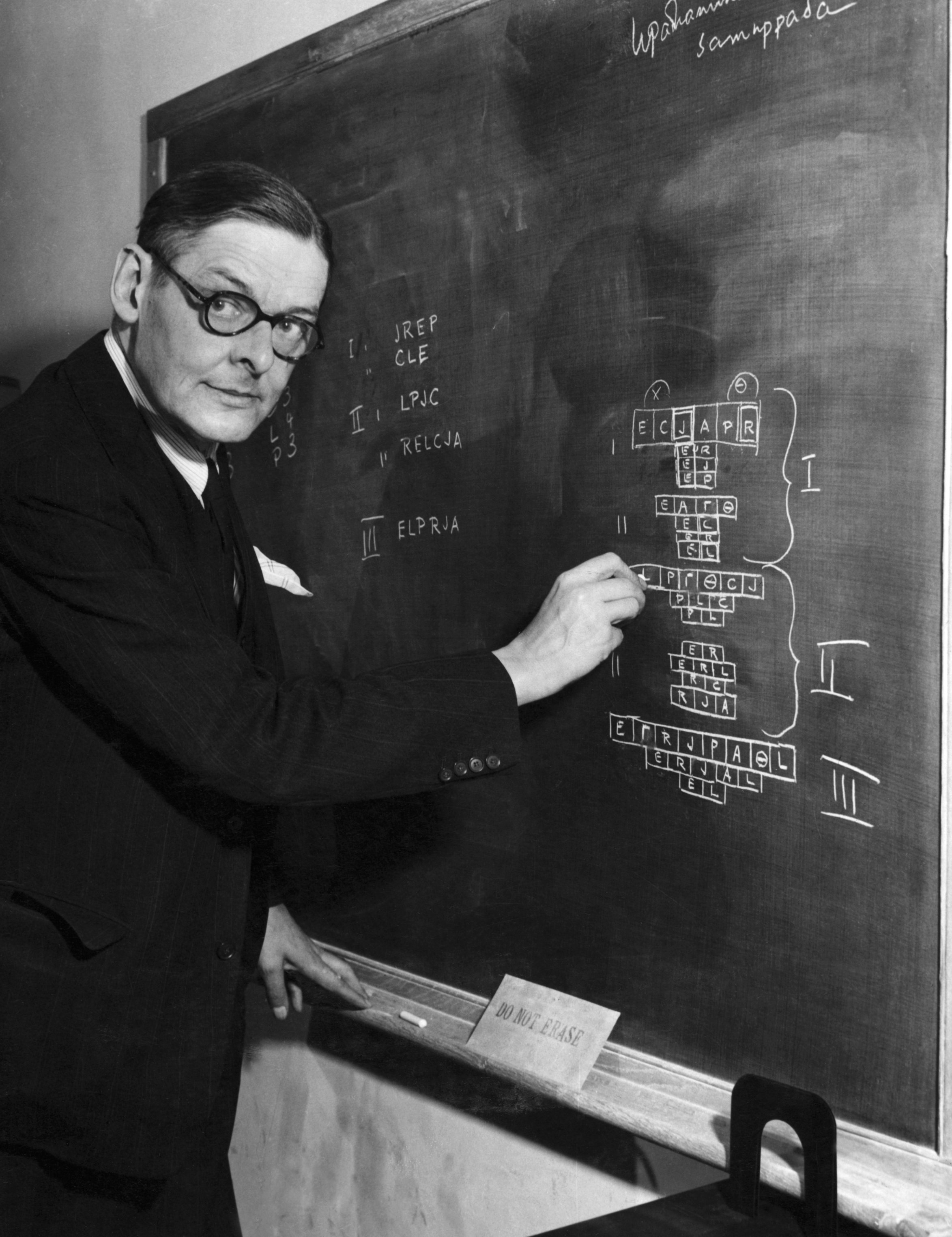 T. S. Eliot Explaining Play on Chalkboard