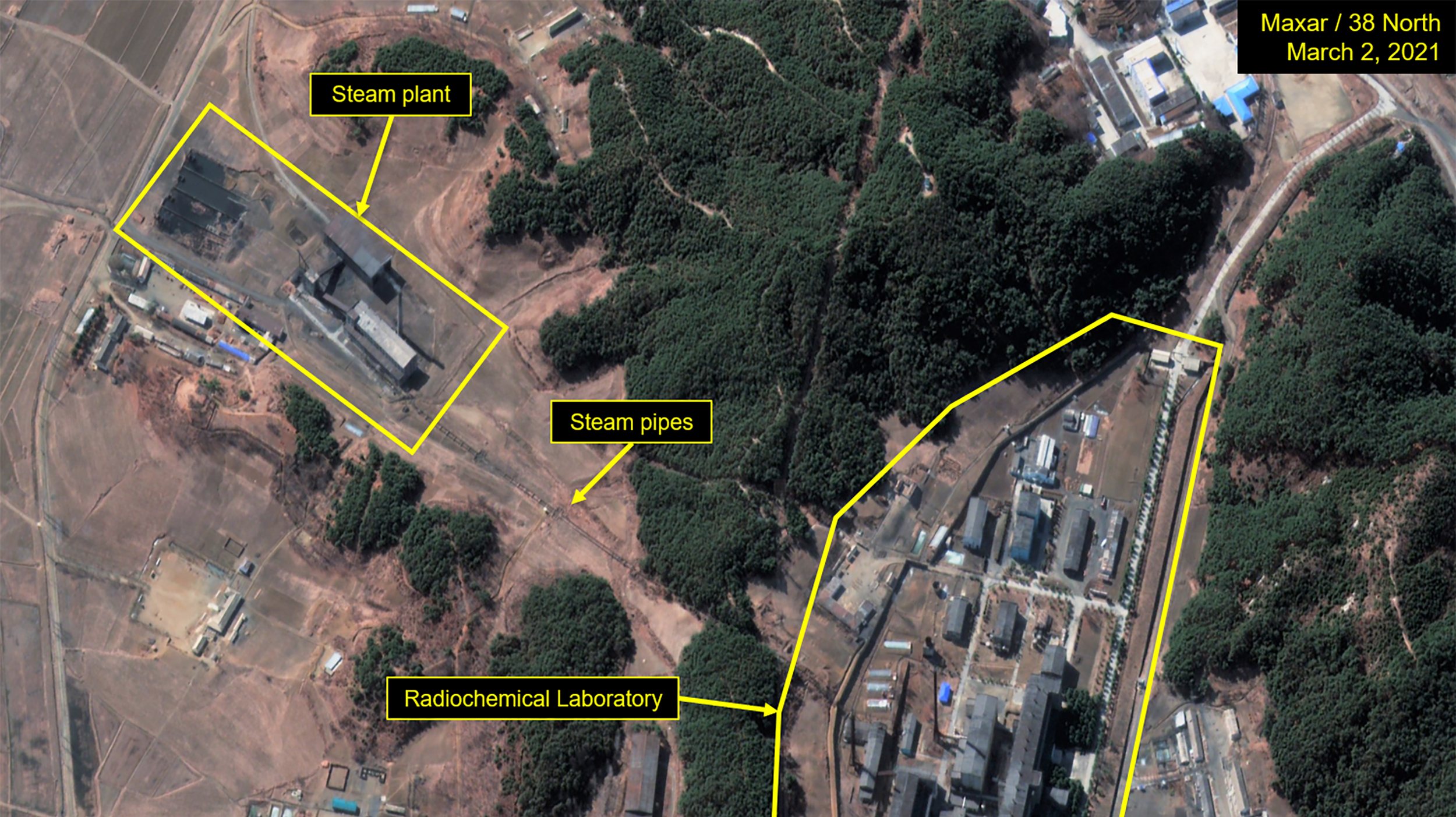 YONGBYON, NORTH KOREA -- March 2, 2021:   Figure 1. Overview of Radiochemical Laboratory and steam plant, March 2, 2021.