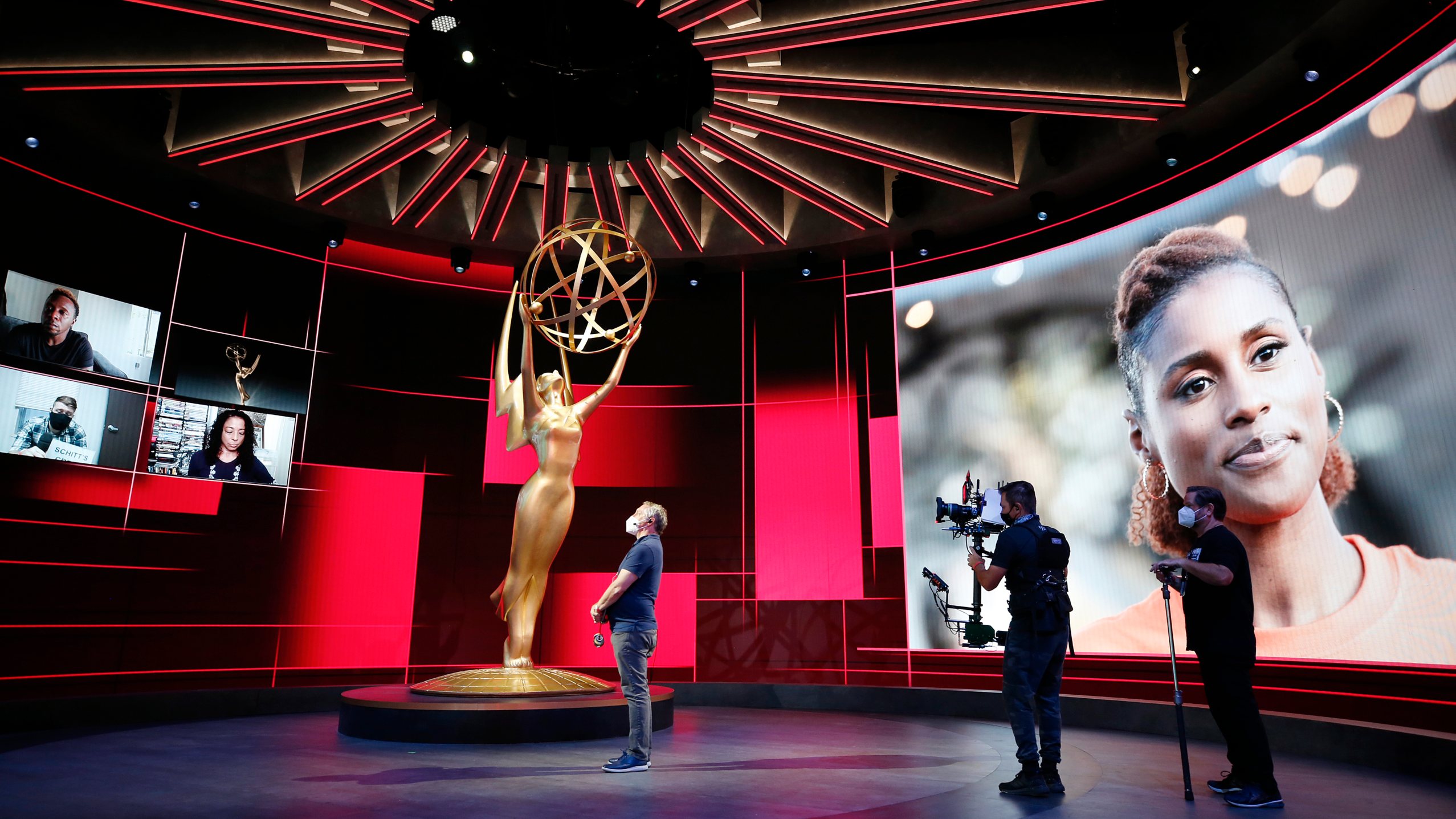 Emmy Host Jimmy Kimmel laughs with stage Manager Gary Natoli during rehearsals Friday for the 72nd Annual Emmy Awards taking place at Staples Center this Sunday.