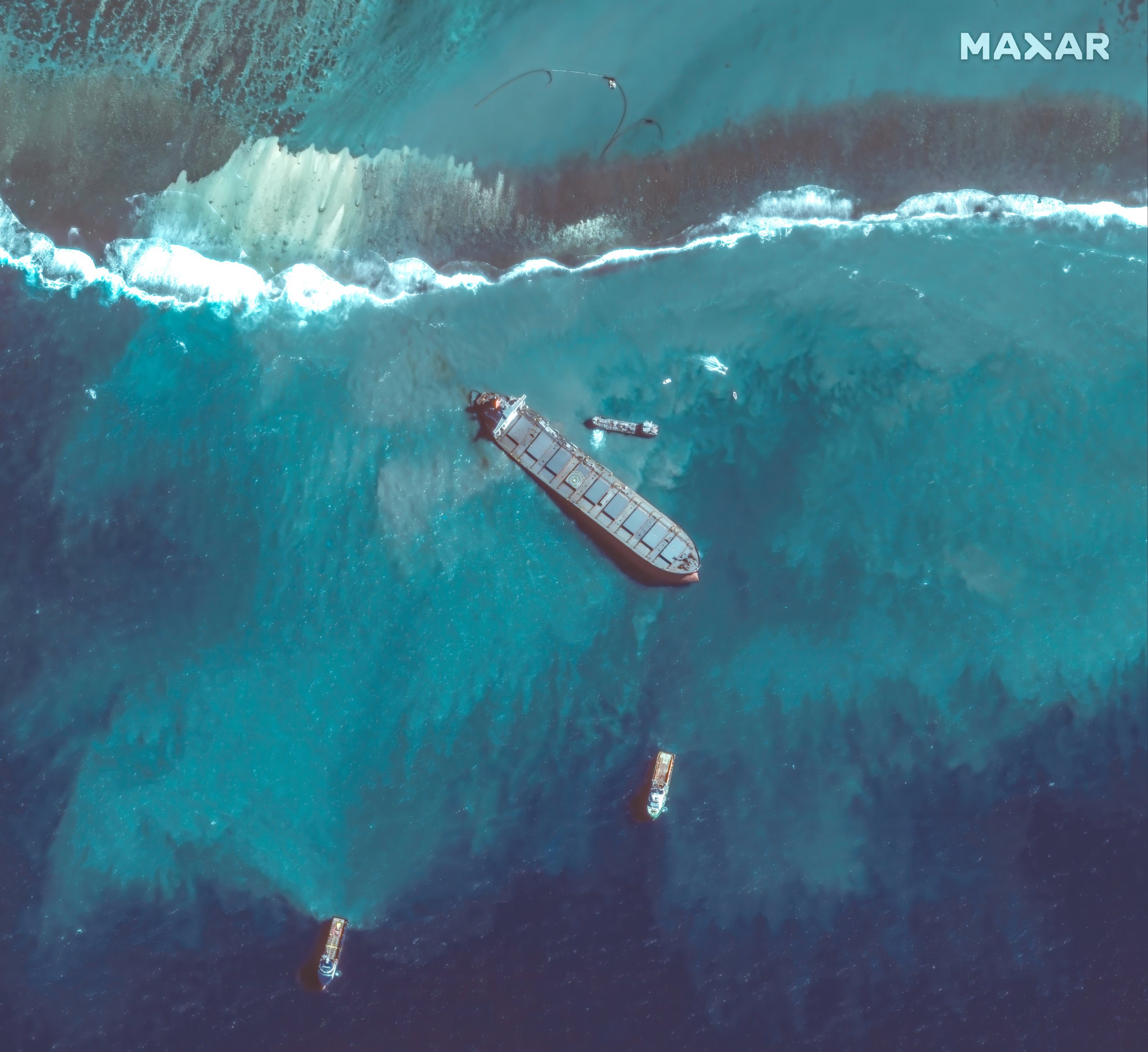 MV WAKASHIO, MAURITIUS -- AUGUST 12, 2020:  Maxar closeup satellite imagery of the MV Wakashio oil carrier that ran aground offshore of Point dEsny in Mauritius.