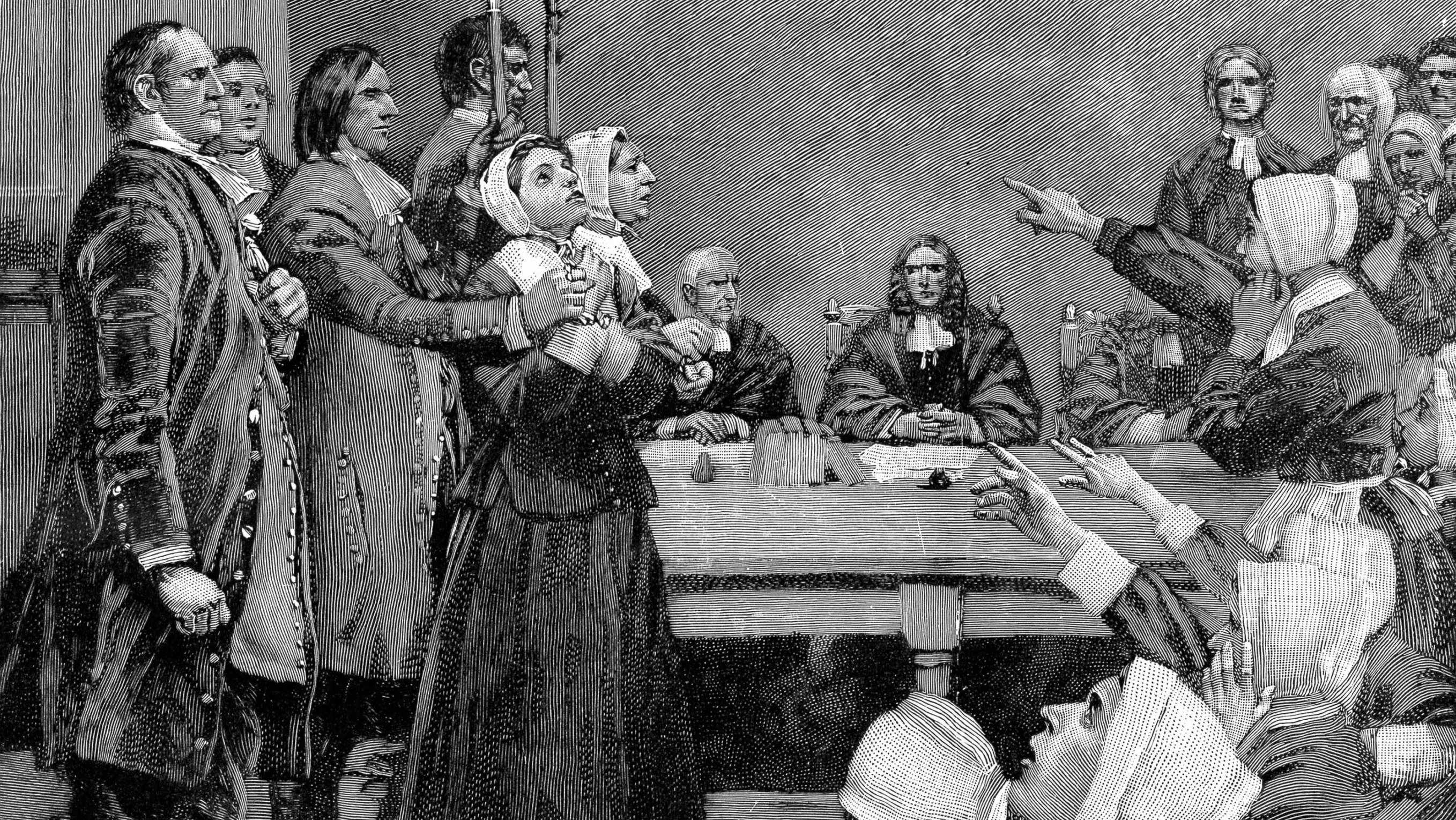 Julgamento de uma mulher acusada de bruxaria no século XVII