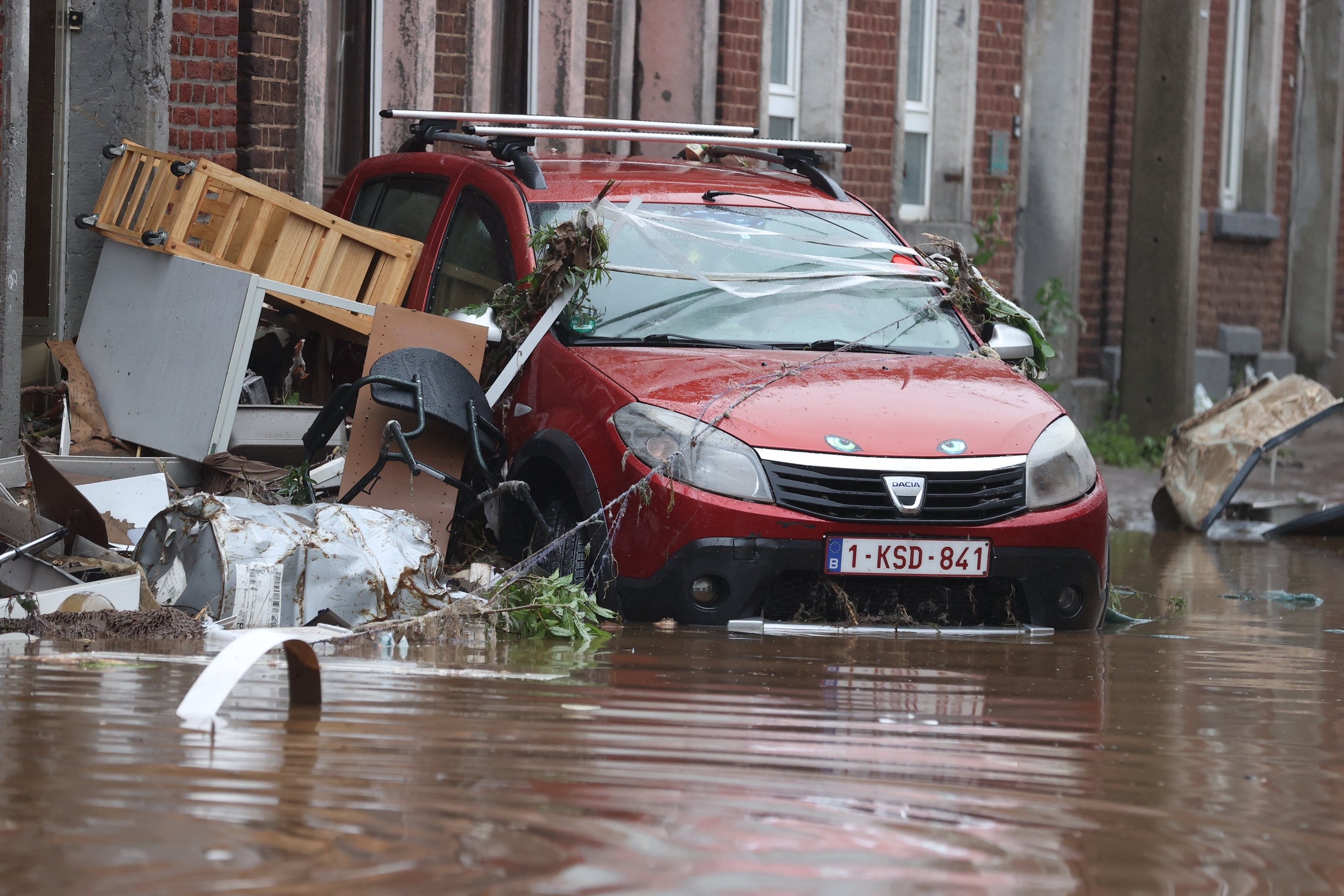 Flooded streets in Belgium as heavy rain in the region