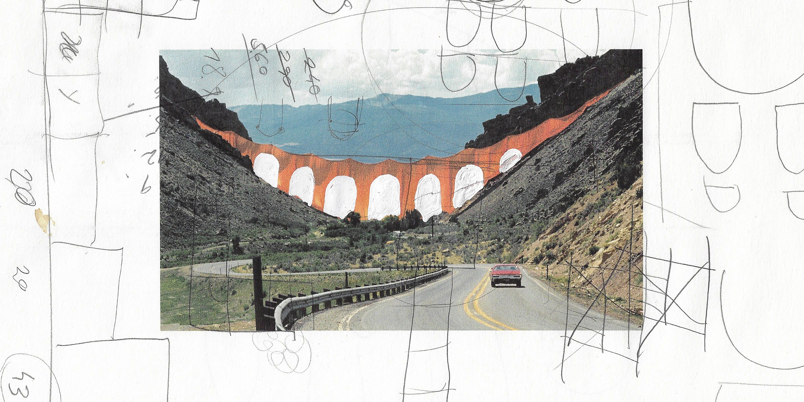 Fractured Aqueduct sketch n.o 5 (colagem e grafite sobre papel, 2023; Corpo Atelier e Eglantina Monteiro)