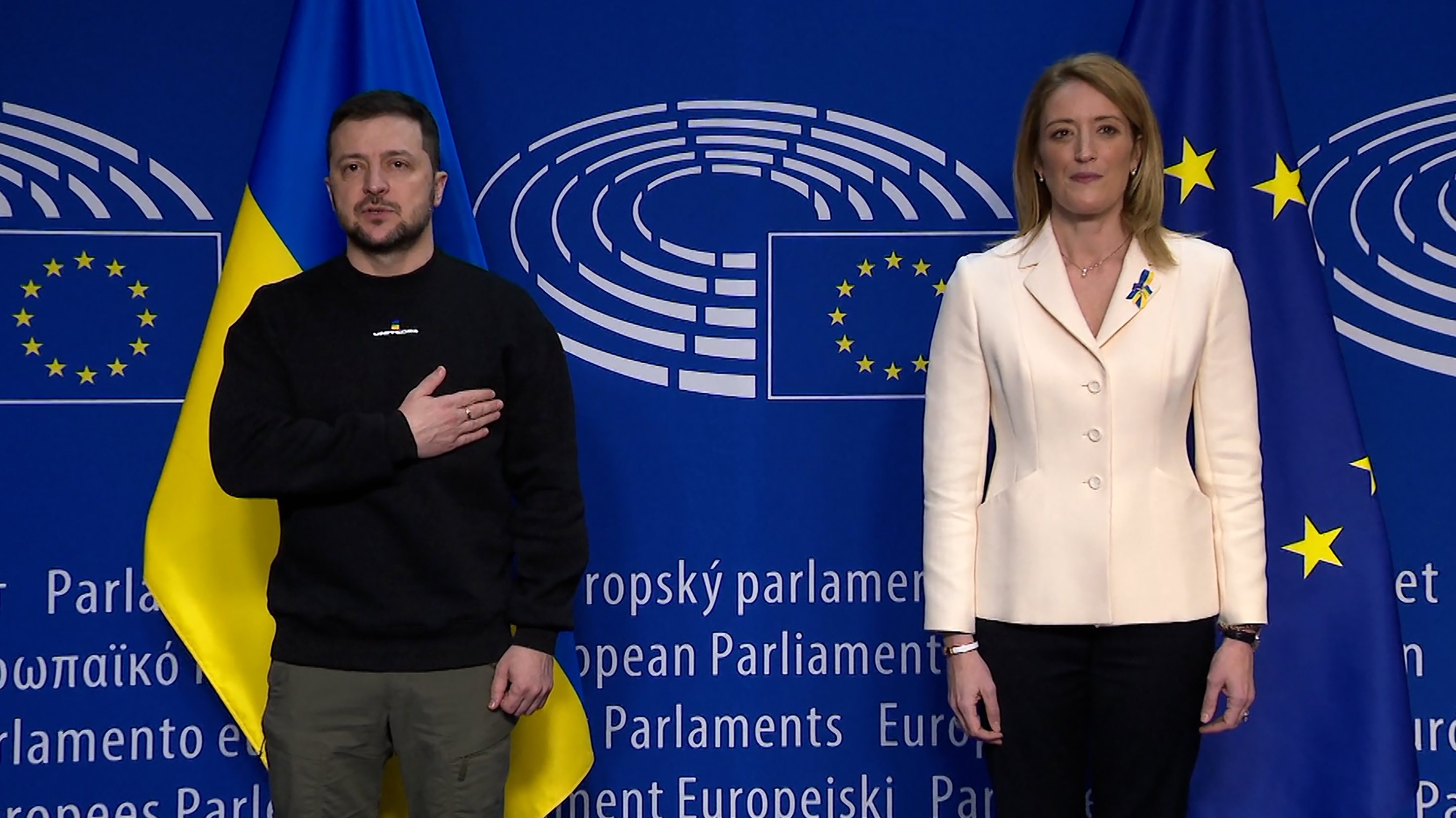 Zelensky durante a intervenção no Parlamento Europeu