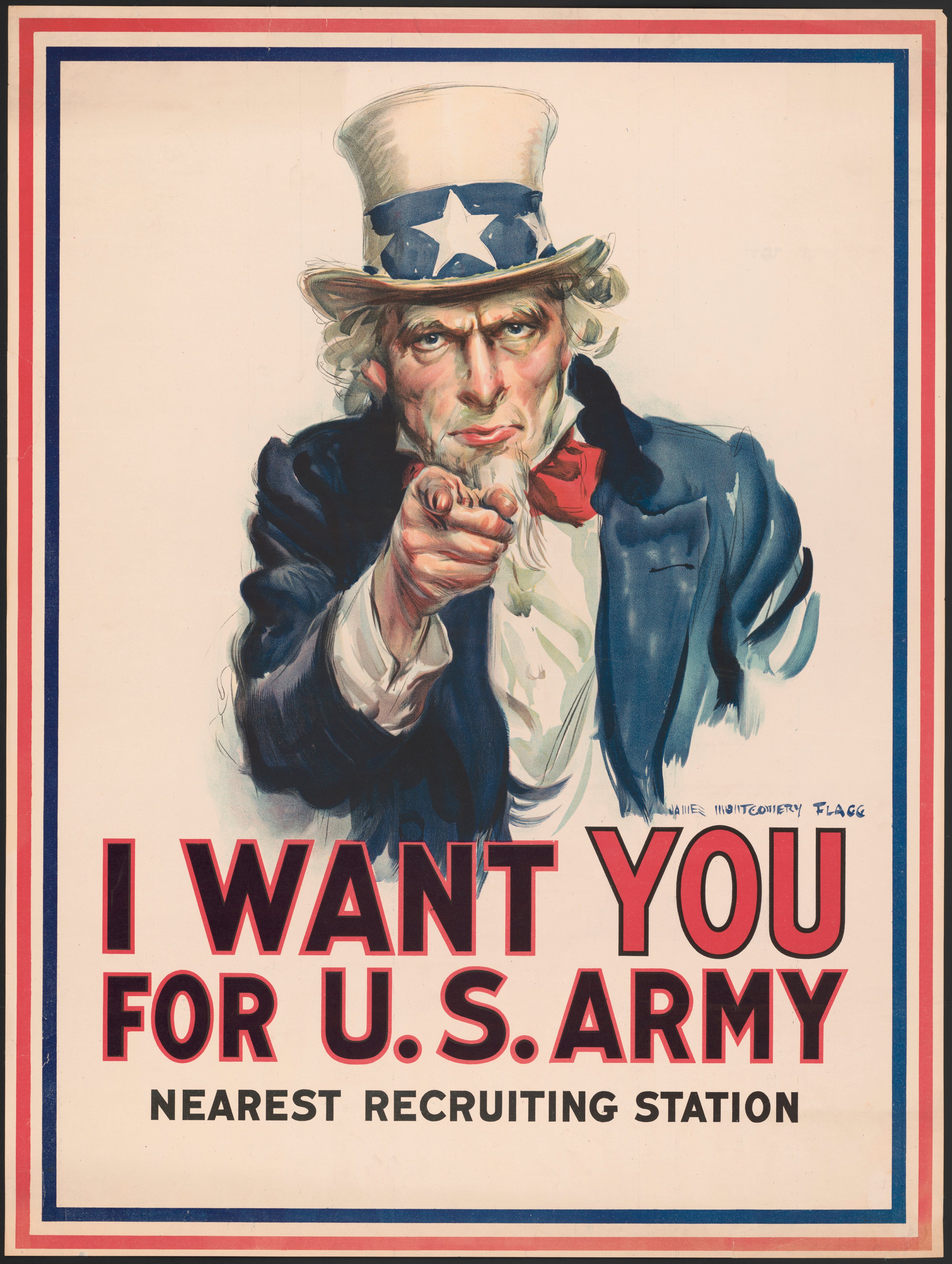 Uncle Sam Pointing Finger, &quot;I Want You for U.S. Army&quot;, World War I Recruitment Poster, by James Montgomery Flagg, USA, 1917