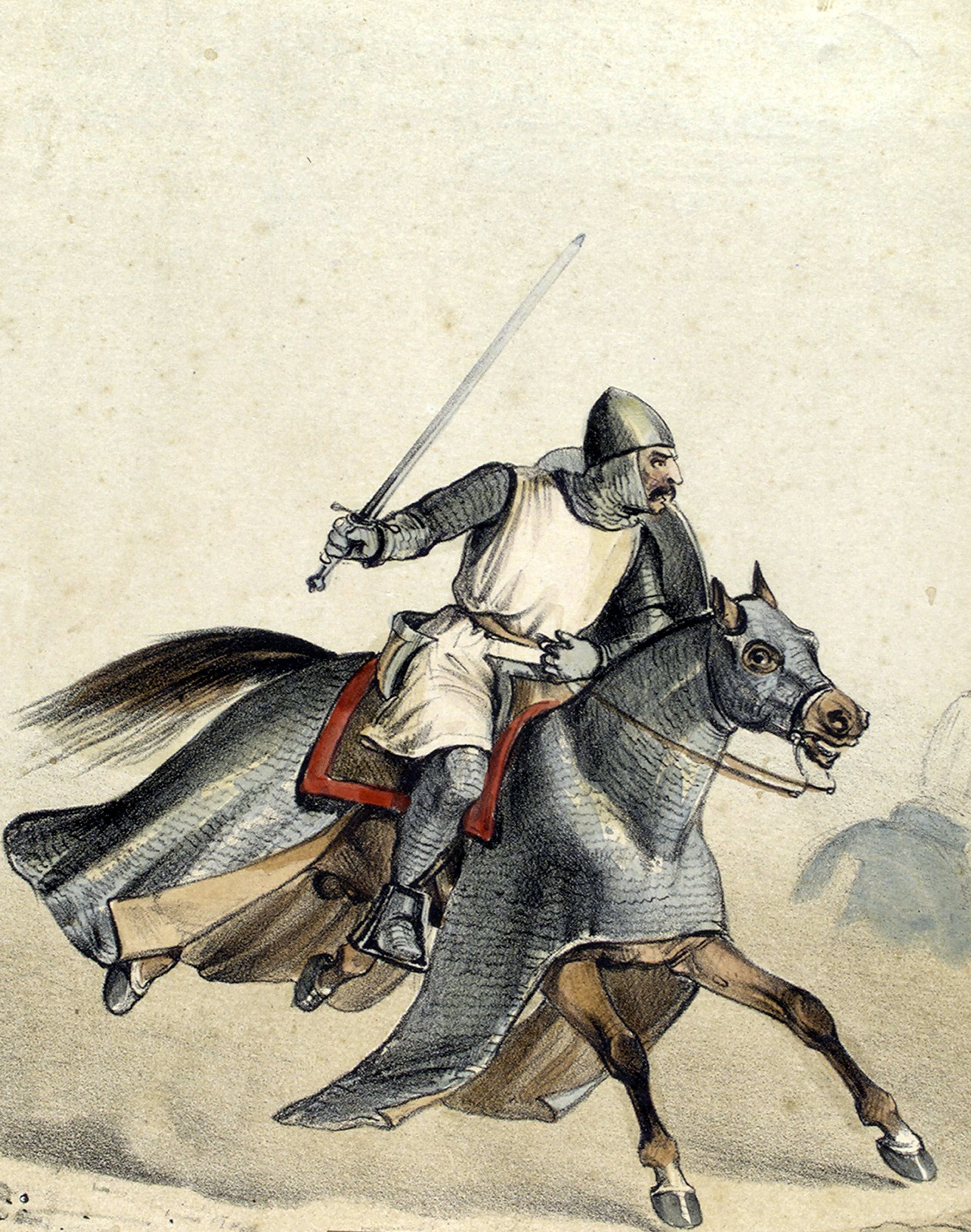 Retrato de um cavaleiro da Idade Média montado a cavalo