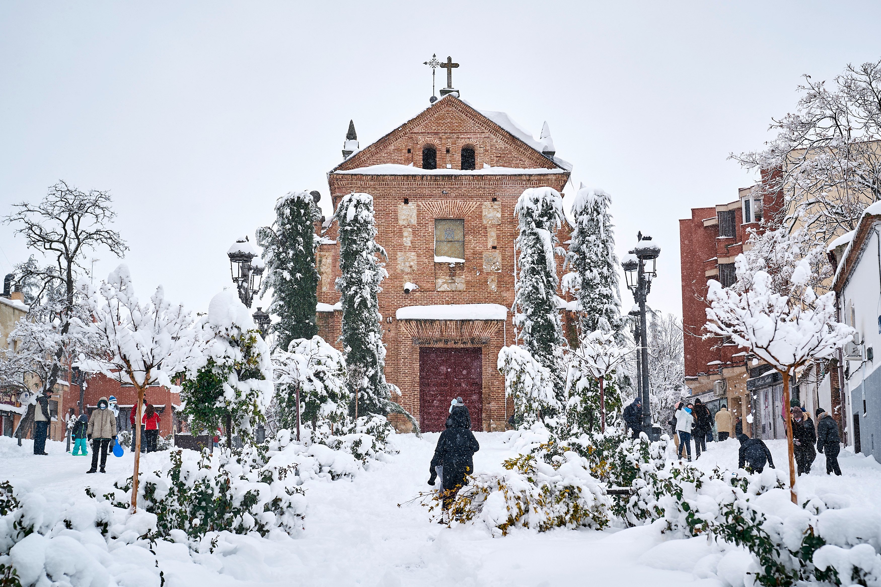 A view of a church covered with snow  during the Filomena