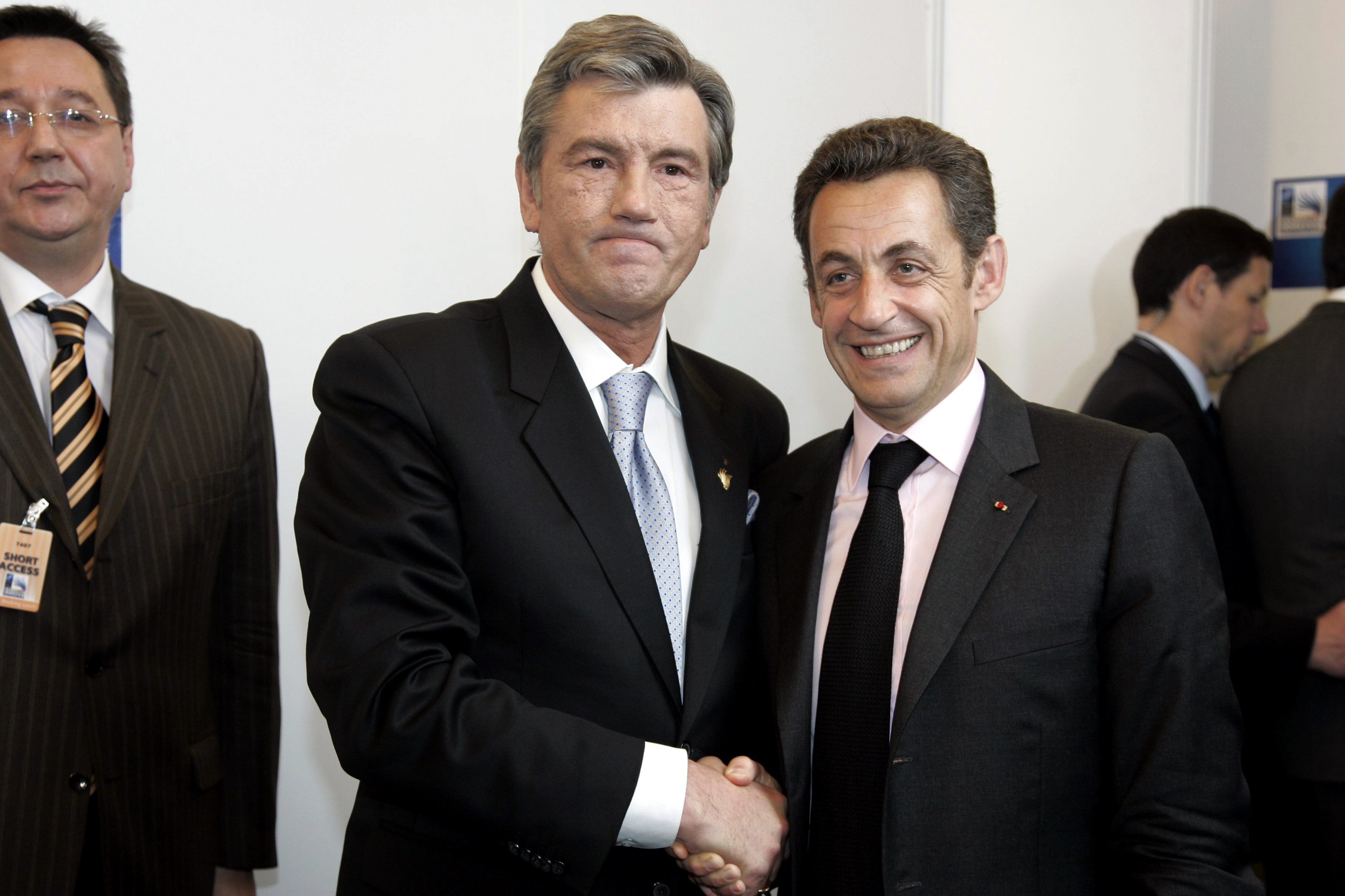 Nicolas Sarkozy meets Ukranian president Viktor Loutchenko during NATO summit in Bucharest, Romania on April 03, 2008-