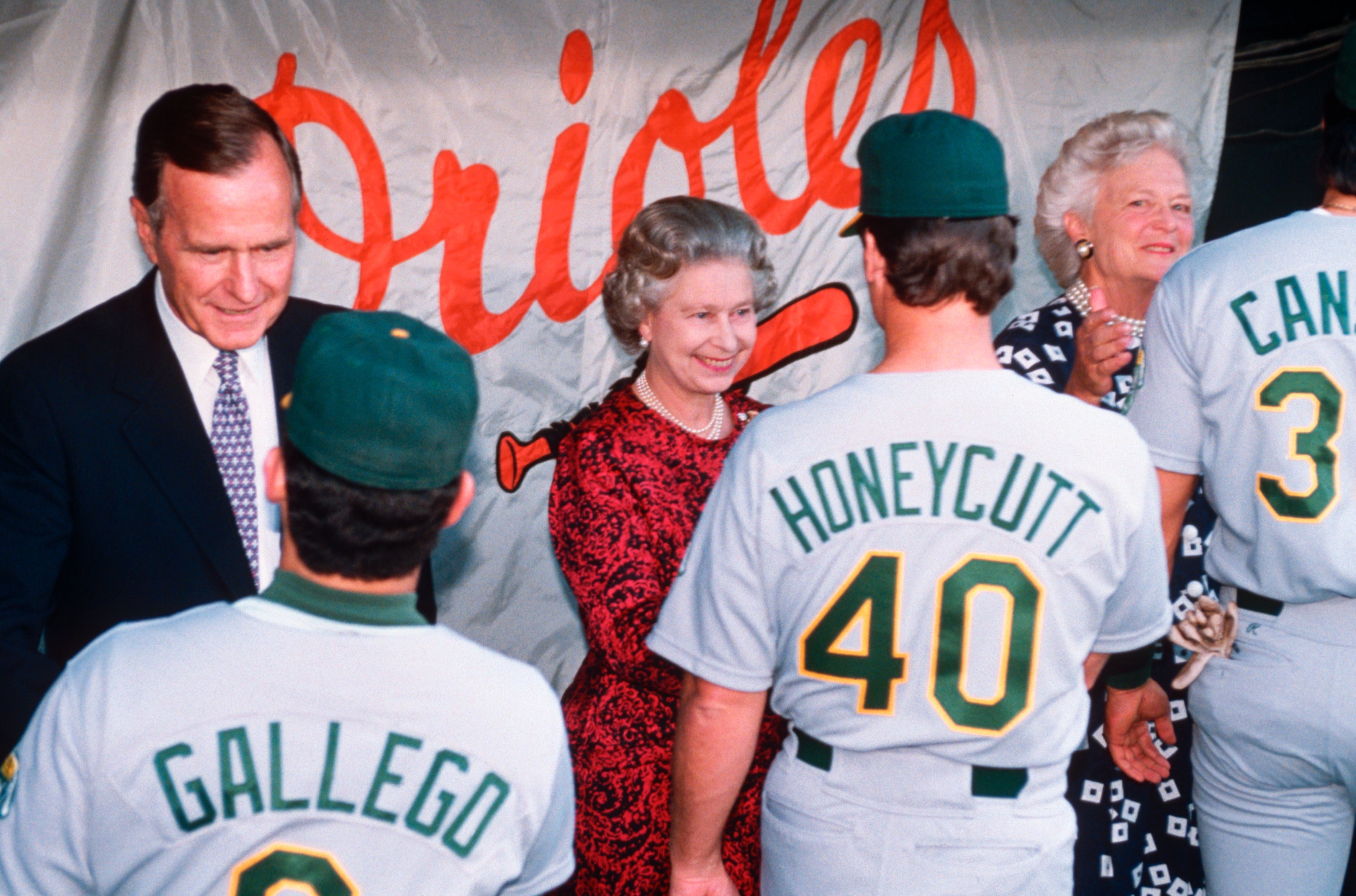 George Bush and Queen Greeting Baseball Players