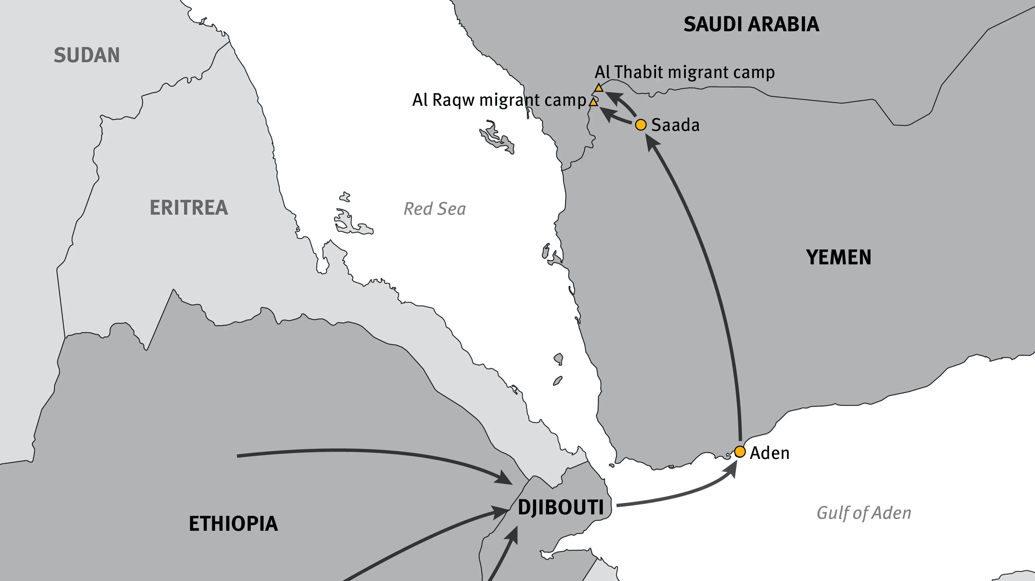 Map of the migration route from Ethiopia to Saudi Arabia through Yemen.