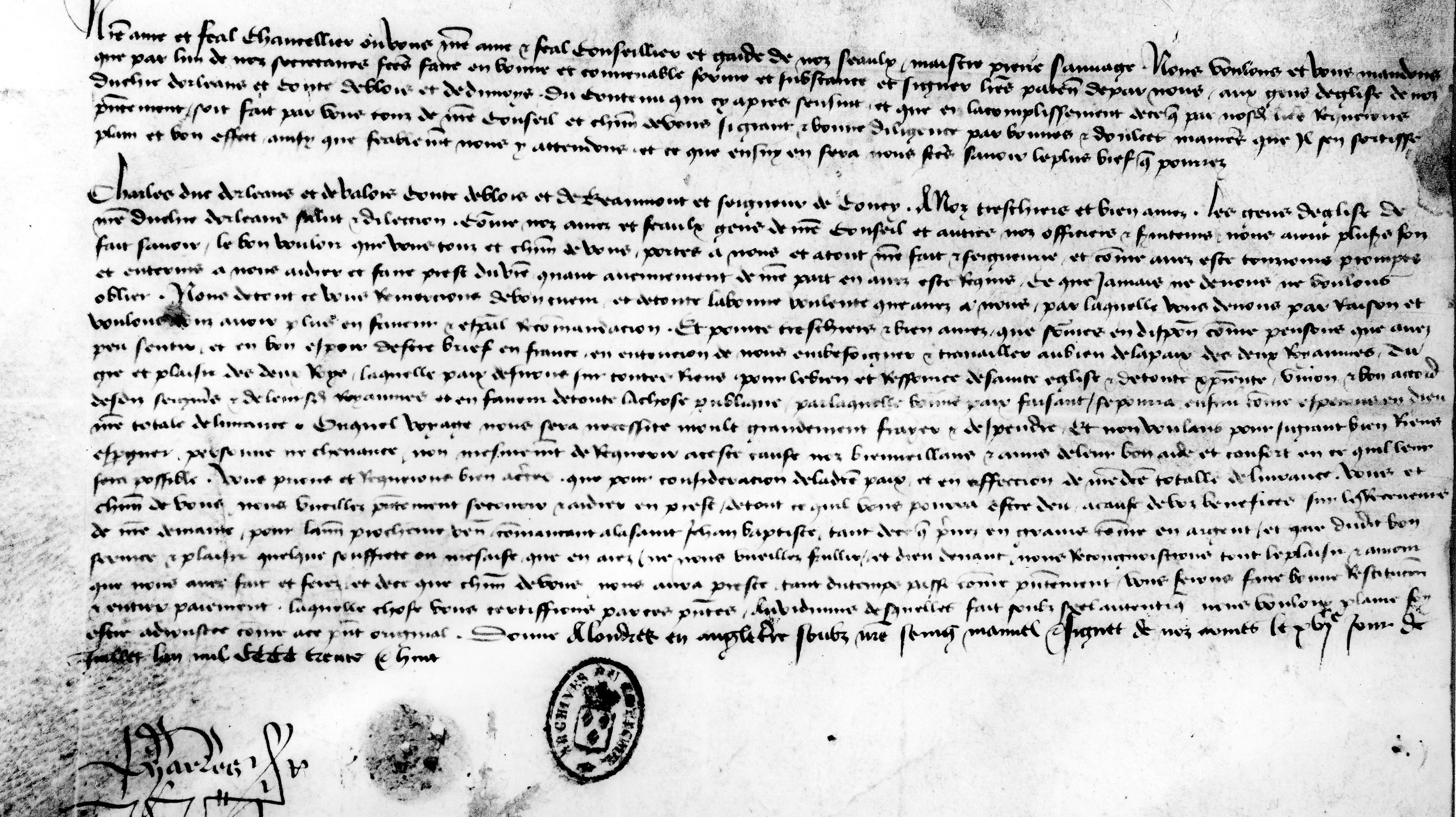 Uma das cartas escritas por Carlos I, Duque de Orleães, enquanto esteve detido na Torre de Londres