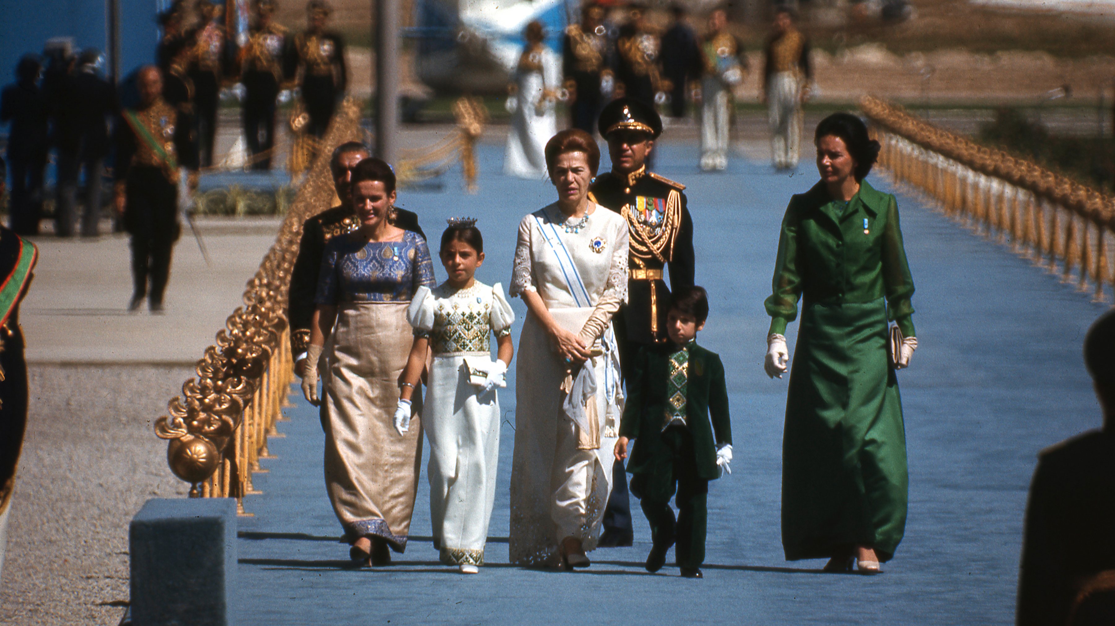 Shah of Iran&#039;s mother and children arrive in Persepolis for celebration of 2500th anniversary of founding of Iranian Empire in trent city erected in ruins of Persepolis and attended by foreign dignitaries in October 1971.