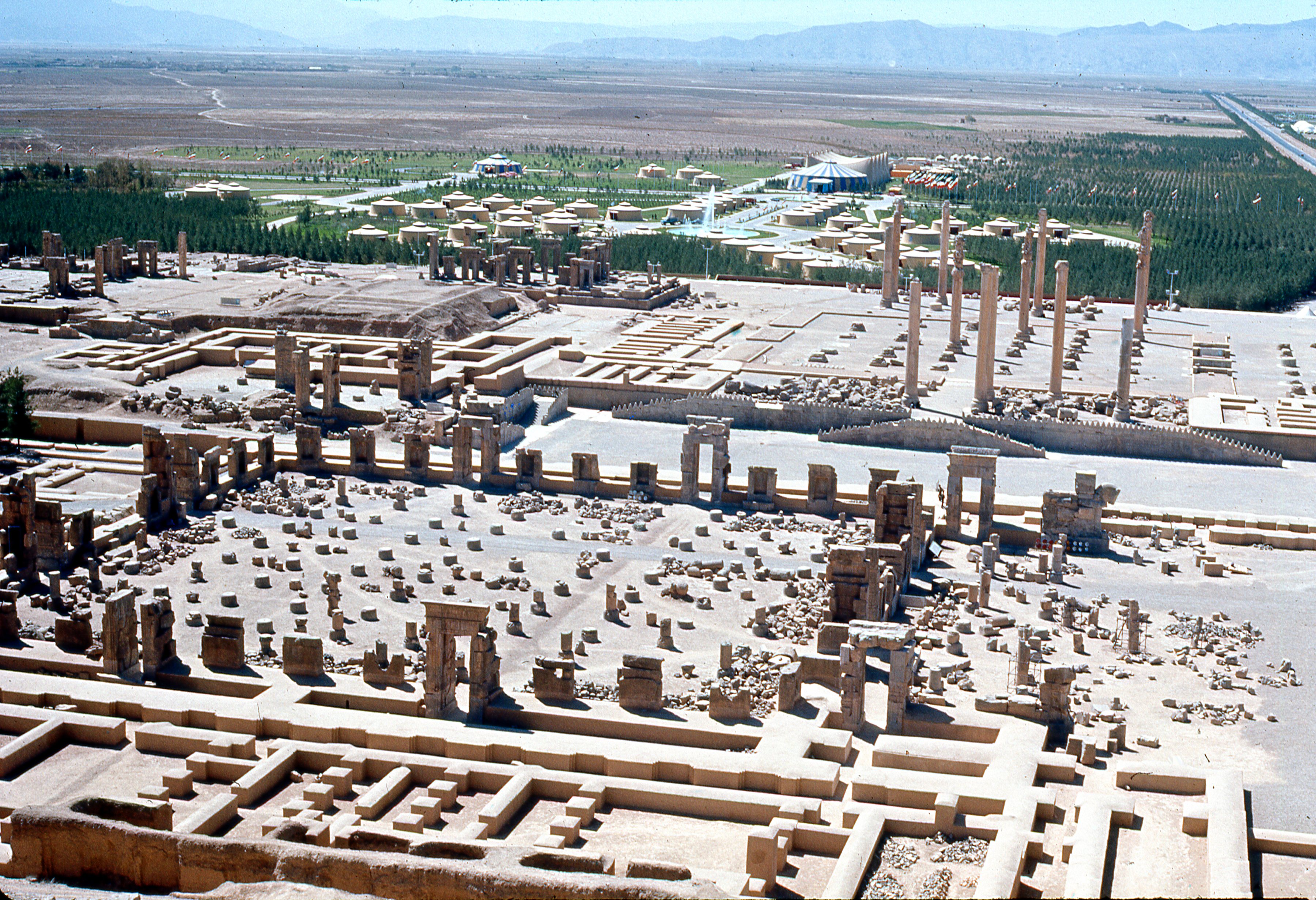 ancient site of Persepolis and tent city built for celebration of 2500th anniversary of founding of Iranian Empire in trent city erected in ruins of Persepolis and attended by foreign dignitaries in October 1971.