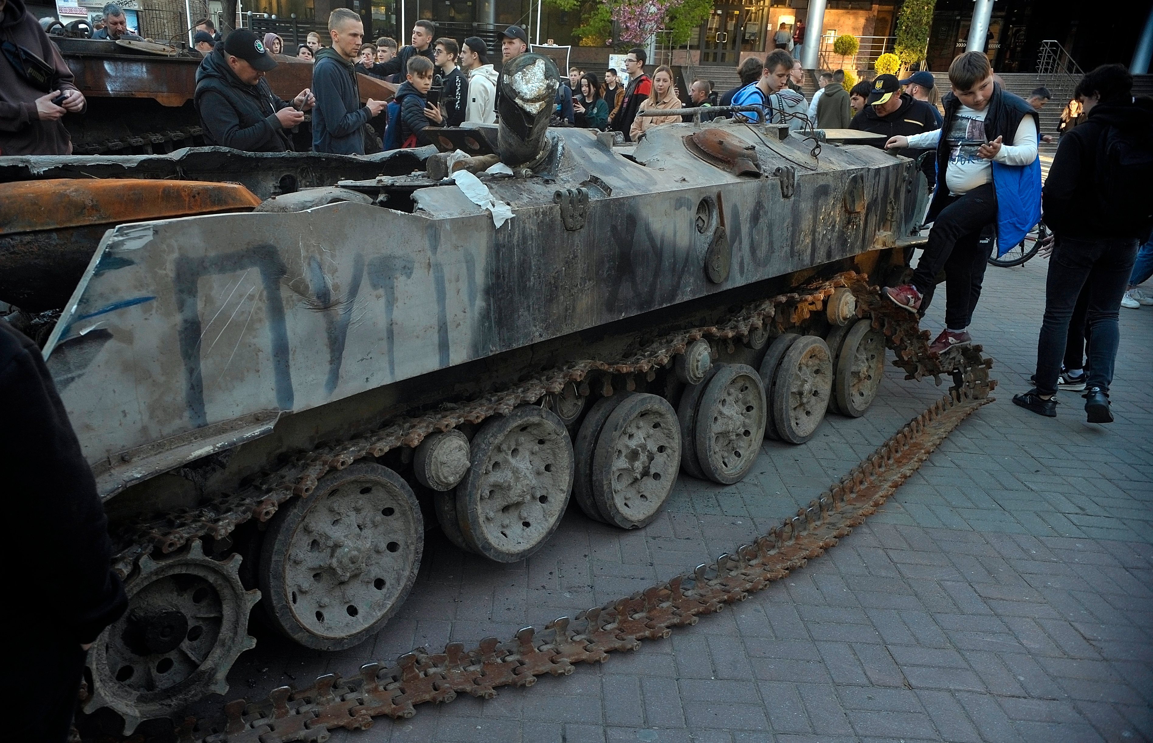 Destroyed Russian military vehicles from Irpin and Bucha on display in Vinnytsia