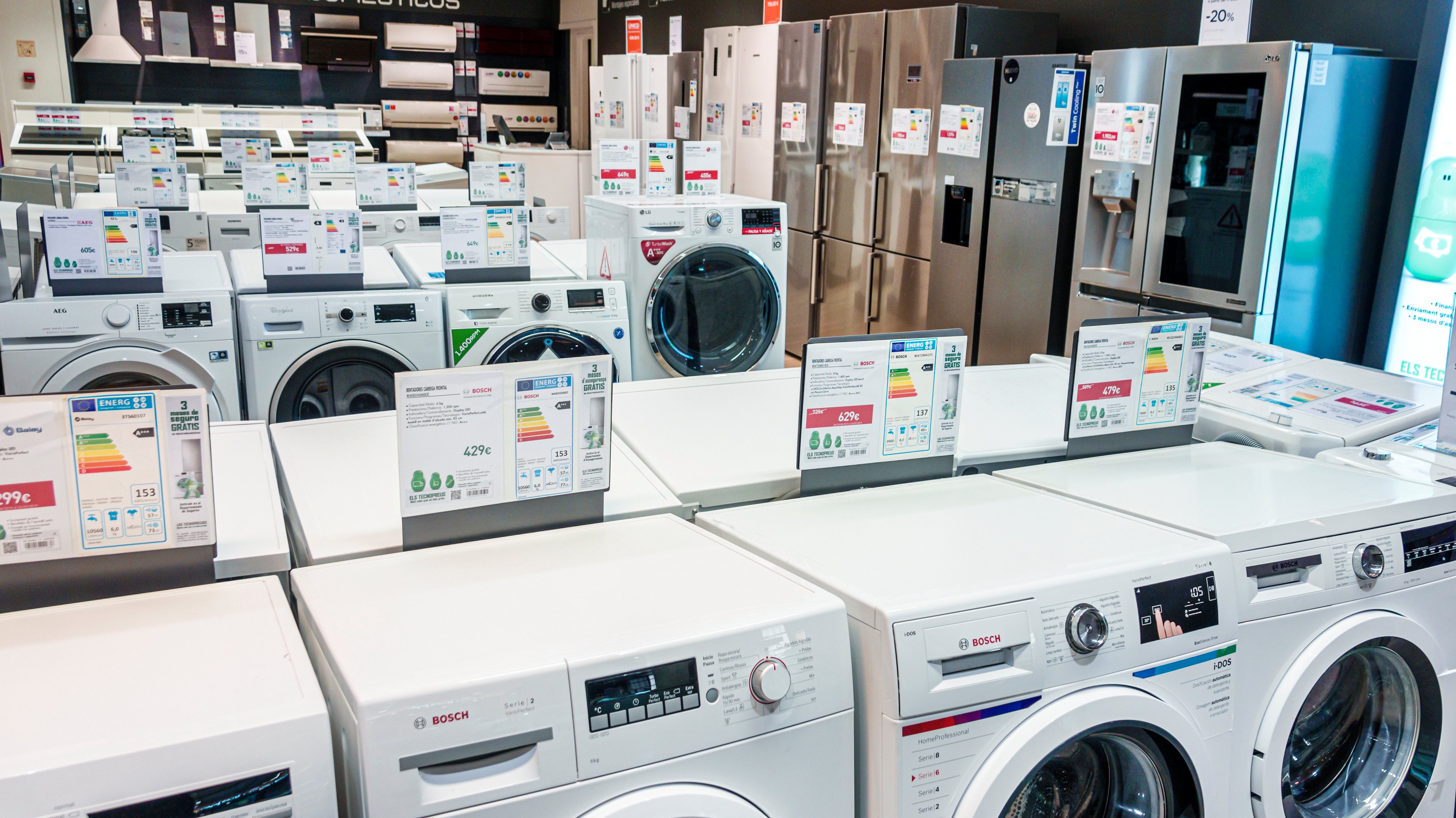 Spain, Barcelona, El Corte Ingle, department store appliances, washers, dryers and refrigerators
