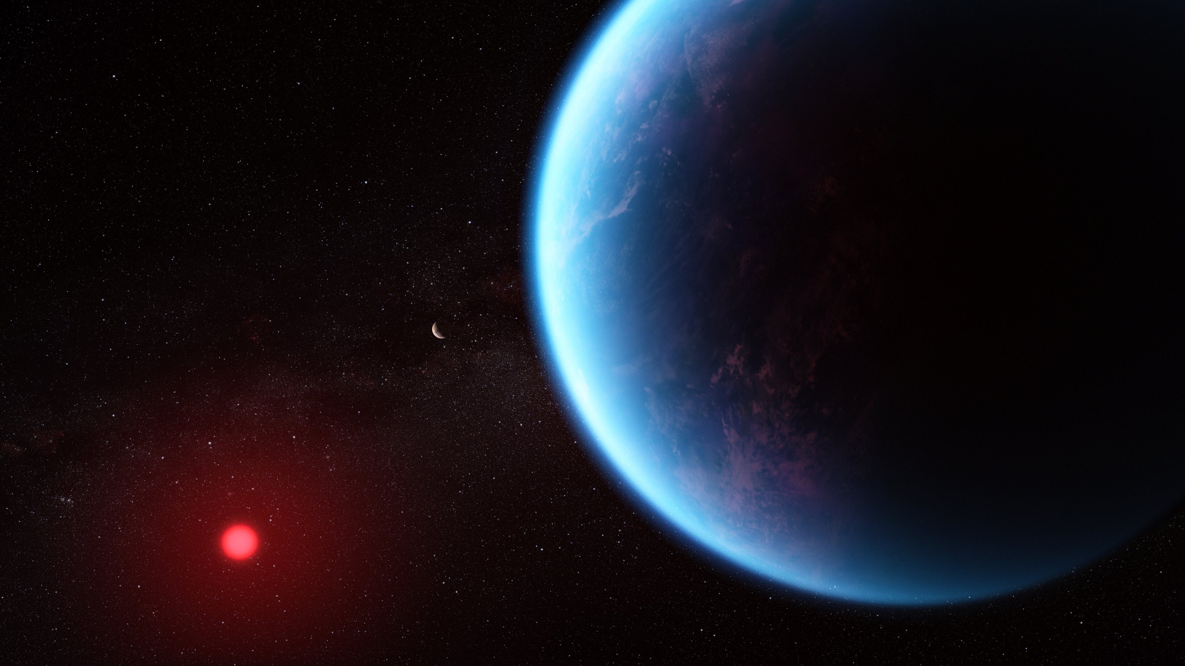 Illustration of an exoplanet planet and its red cool dwarf star on a black background that is speckled with some small stars. The planet is large, in the foreground on the right and the star is smaller, in the background at the lower left. The planet is various shades of blue, with wisps of white scattered throughout. The left edge of the planet (the side facing the star) is lit, while the rest is in shadow. The star has a bright red glow.