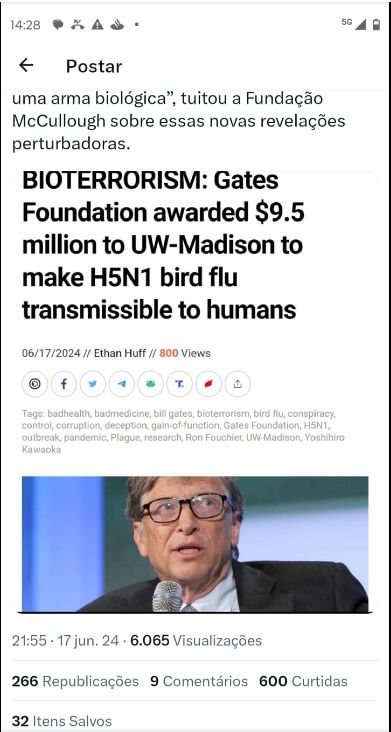 Publicação de Facebook a acusar Bill Gates de bioterrorismo e de pagar para tornar a gripe das aves &quot;transmissível a humanos&quot;