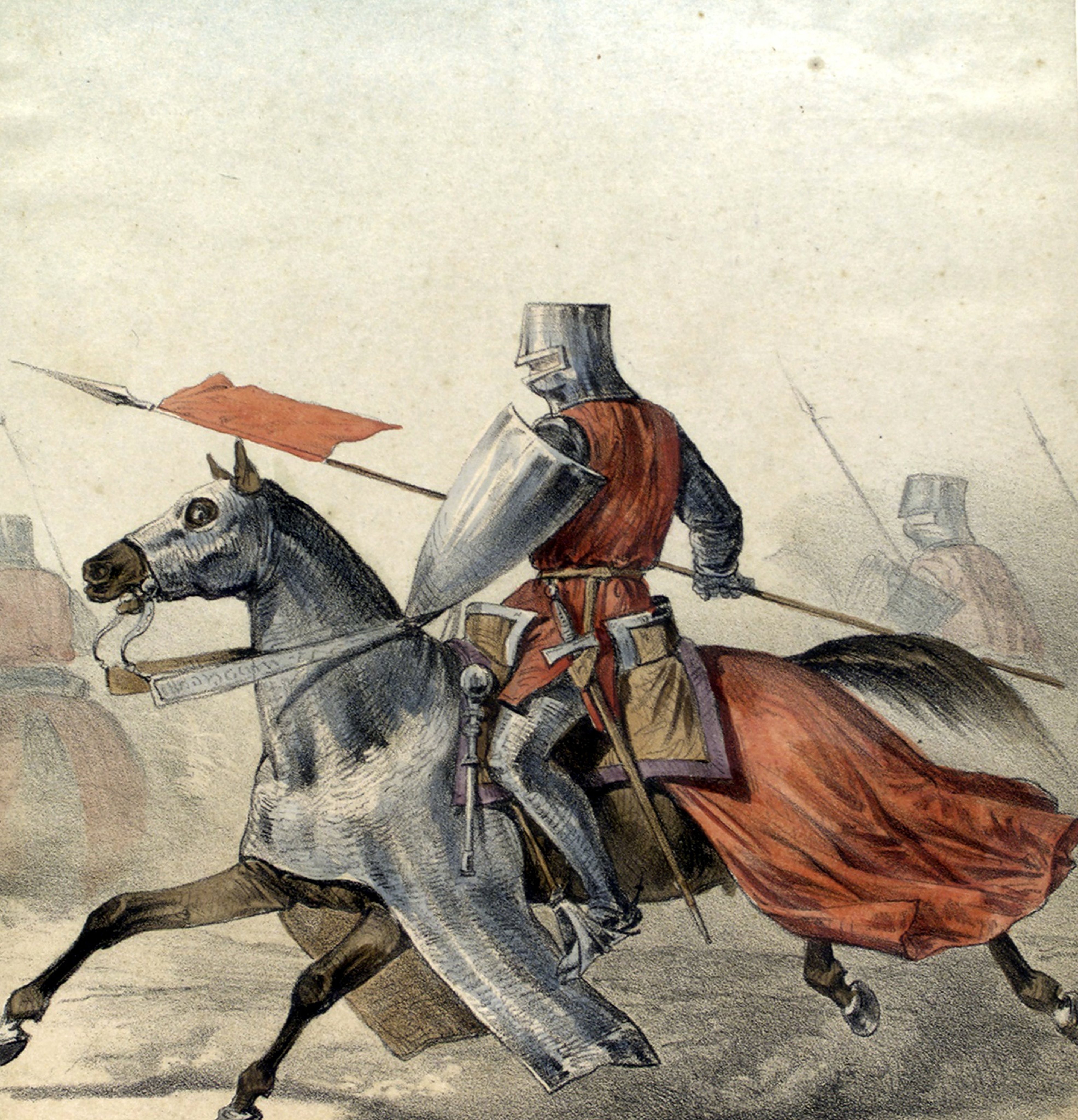 Retrato de um cavaleiro da Idade Média montado a cavalo