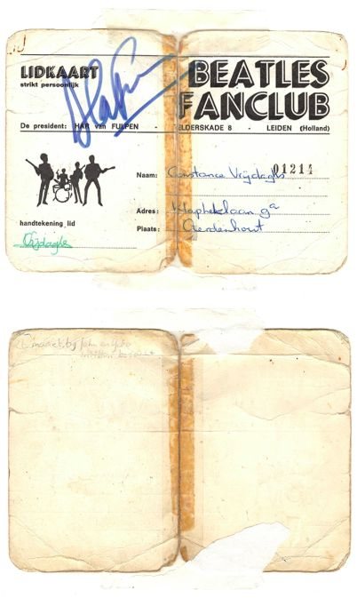 Cartão de membro do clube de fãs dos Beatles de Constance Vrijdaghs