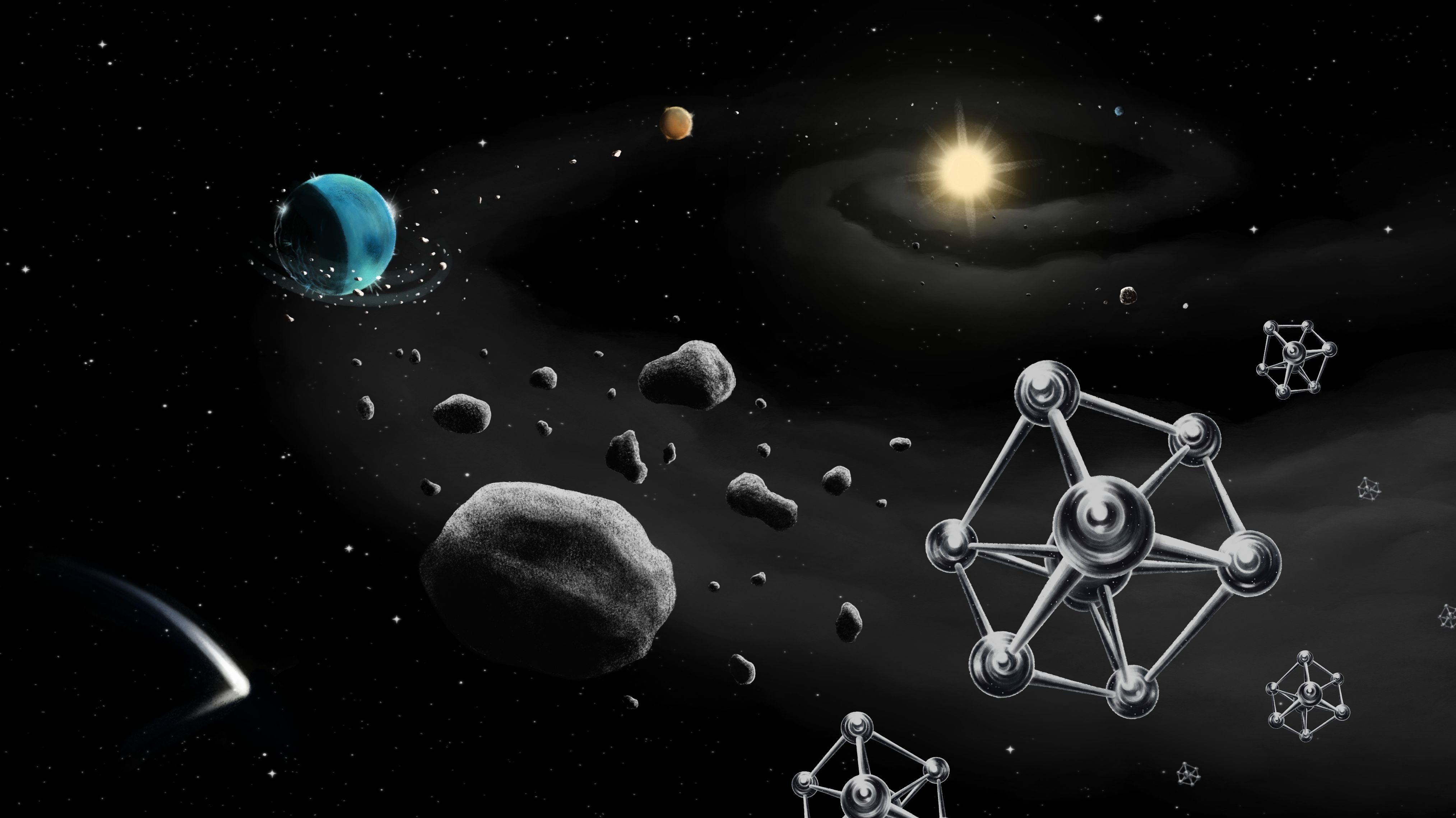 Ilustração da formação de planetas à volta de uma estrela semelhante ao Sol, com rochas e moléculas de ferro, os “tijolos” para a formação dos planetas, em grande plano