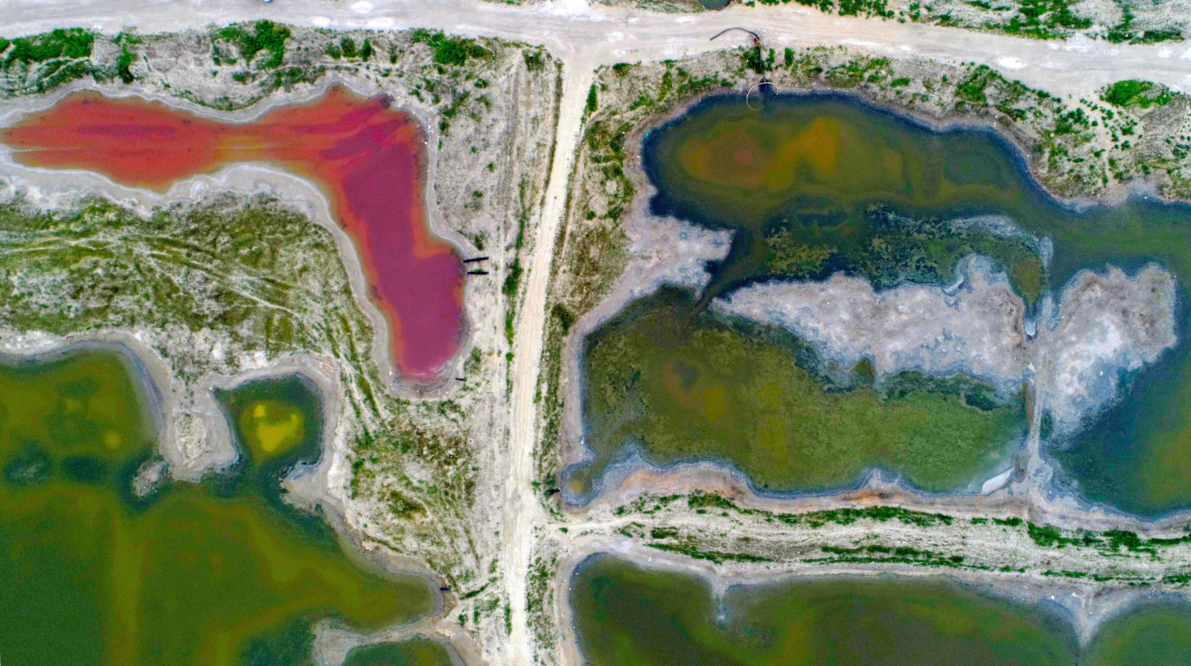The bird view of colorful salt lake in Yuncheng,Shanxi,China on 21th August, 2019