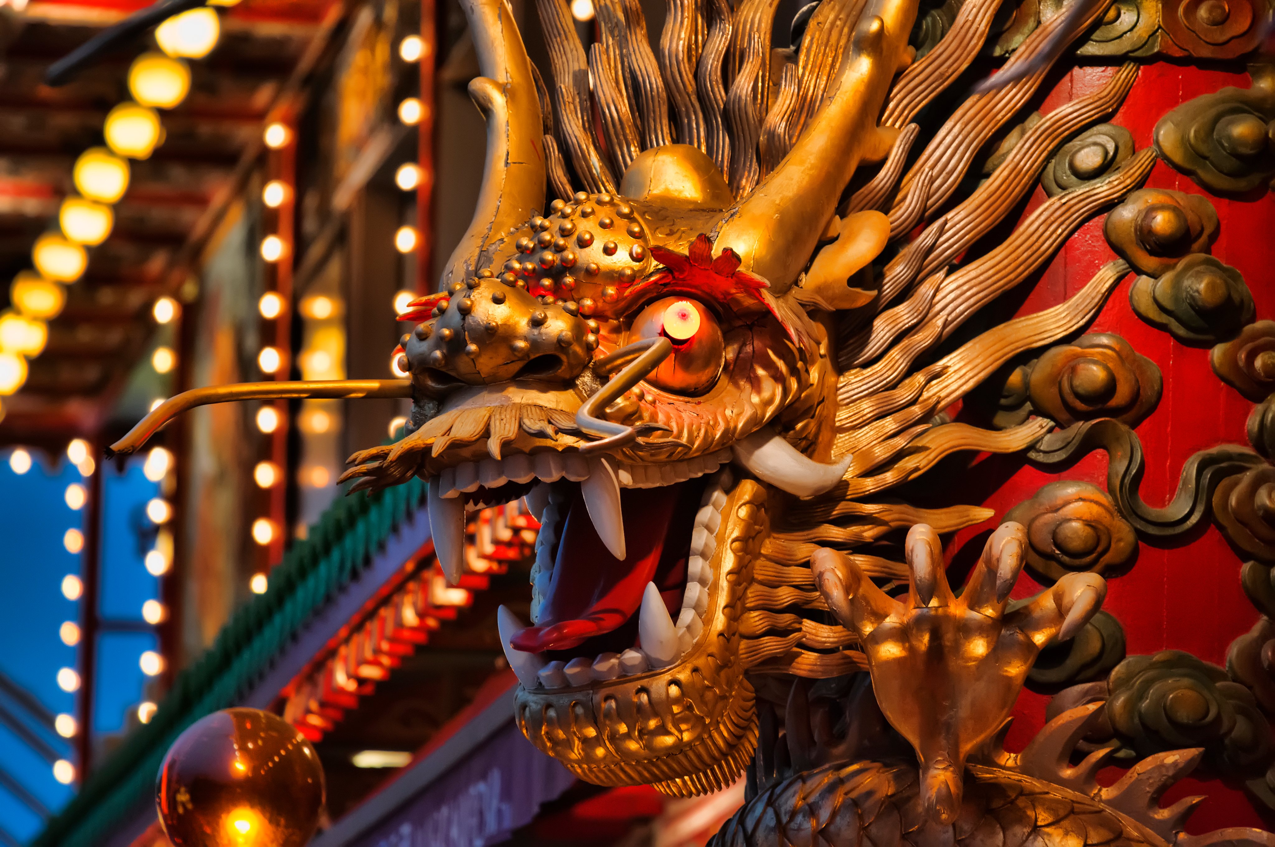 The famous Chinese dragons on the Jumbo floating restaurant, Aberdeen, Hong Kong