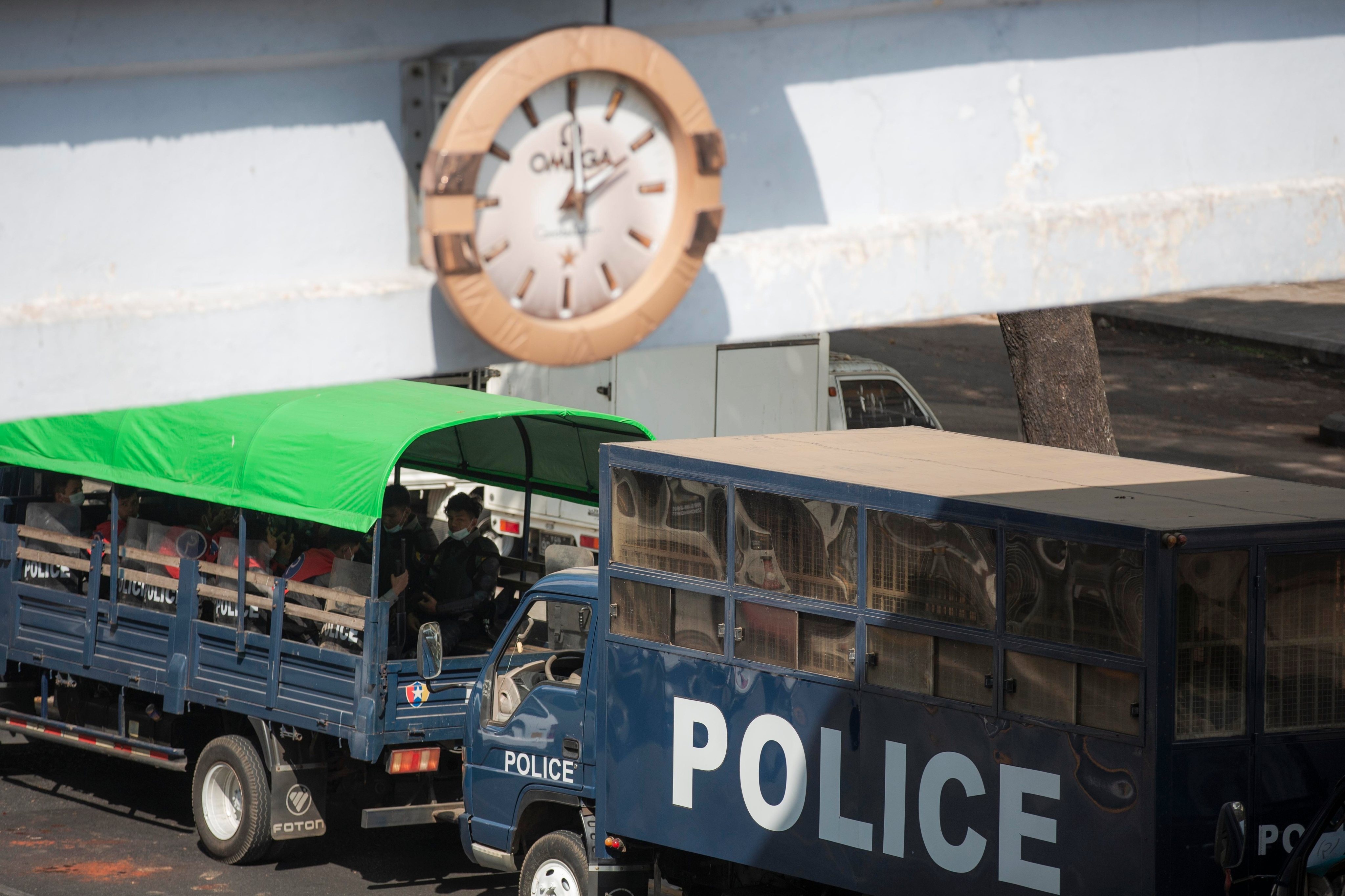 View of police trucks parked aside the Streets in Yangon.