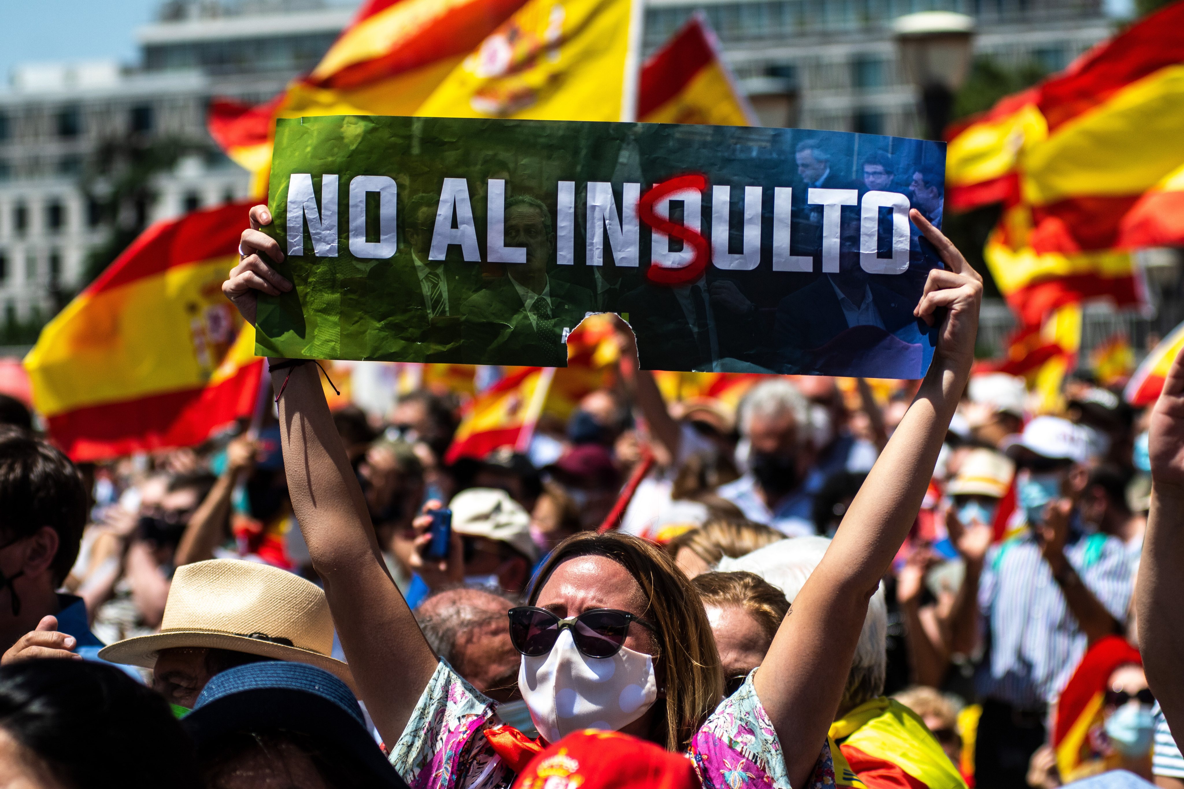 Protesters carrying placards and Spanish flags during a