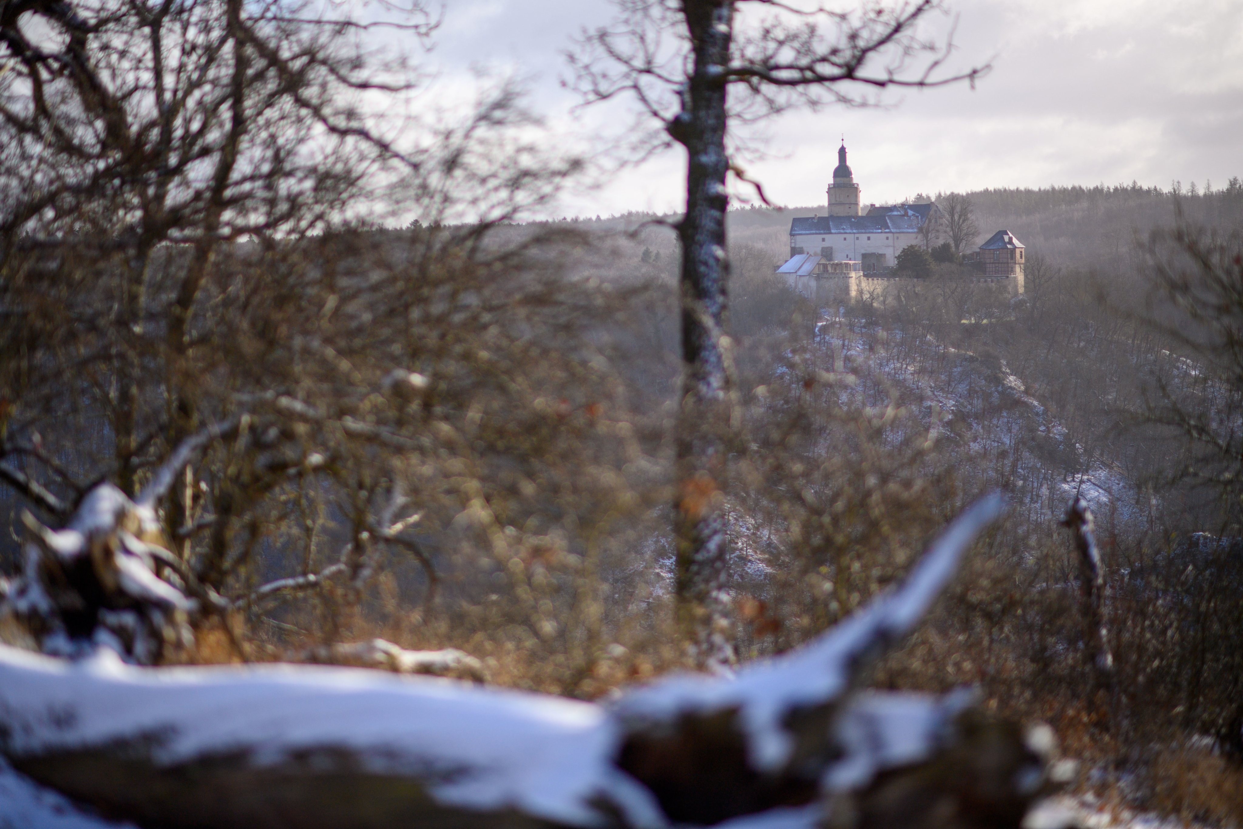 Queda de neve no castelo de Falkenstein, no norte da Alemanha, no dia 20 de janeiro