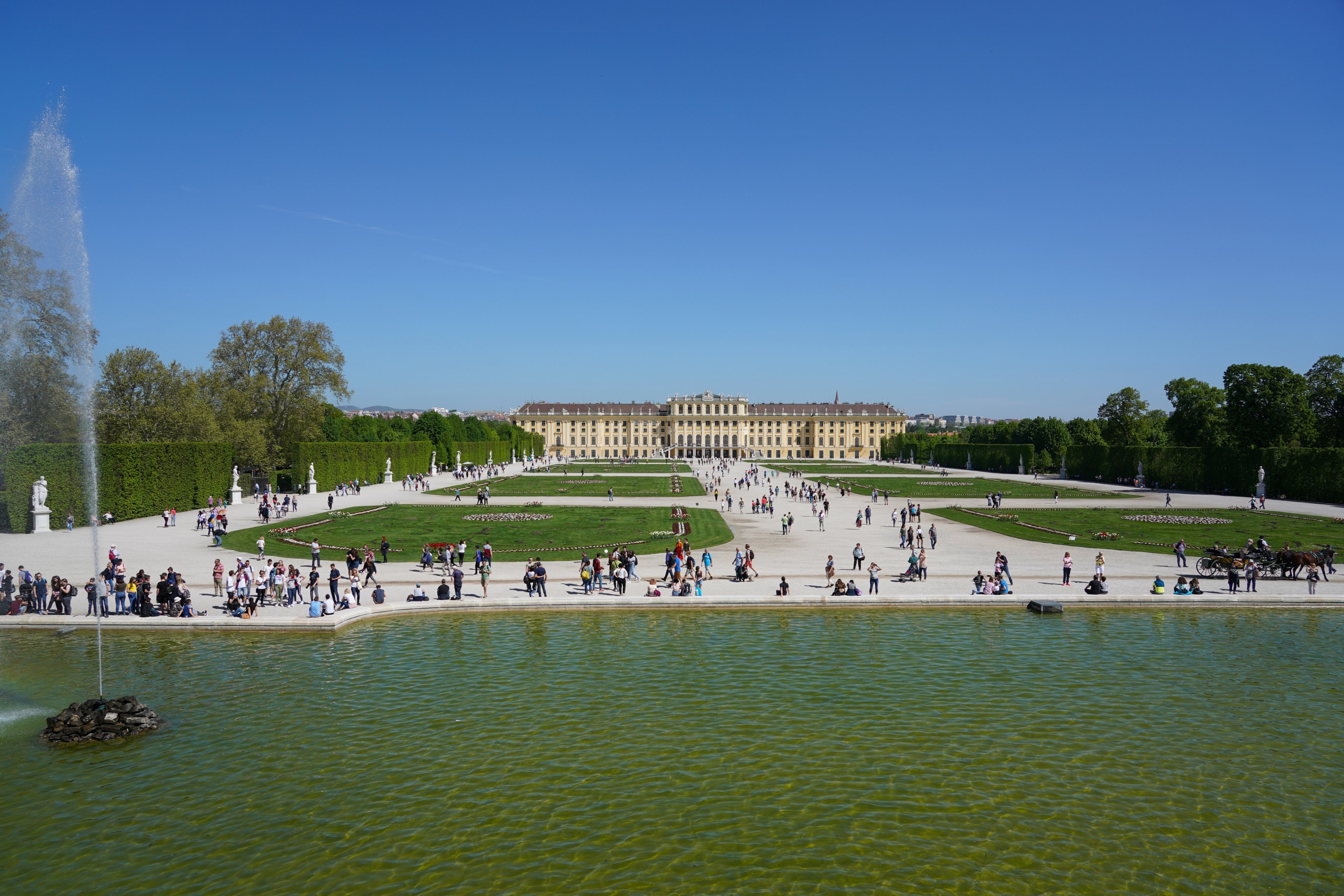 Schönbrunn Palace from the Neptune fountain. World Heritage Site; UNESCO. Vienna. Wien. Austria. Europe