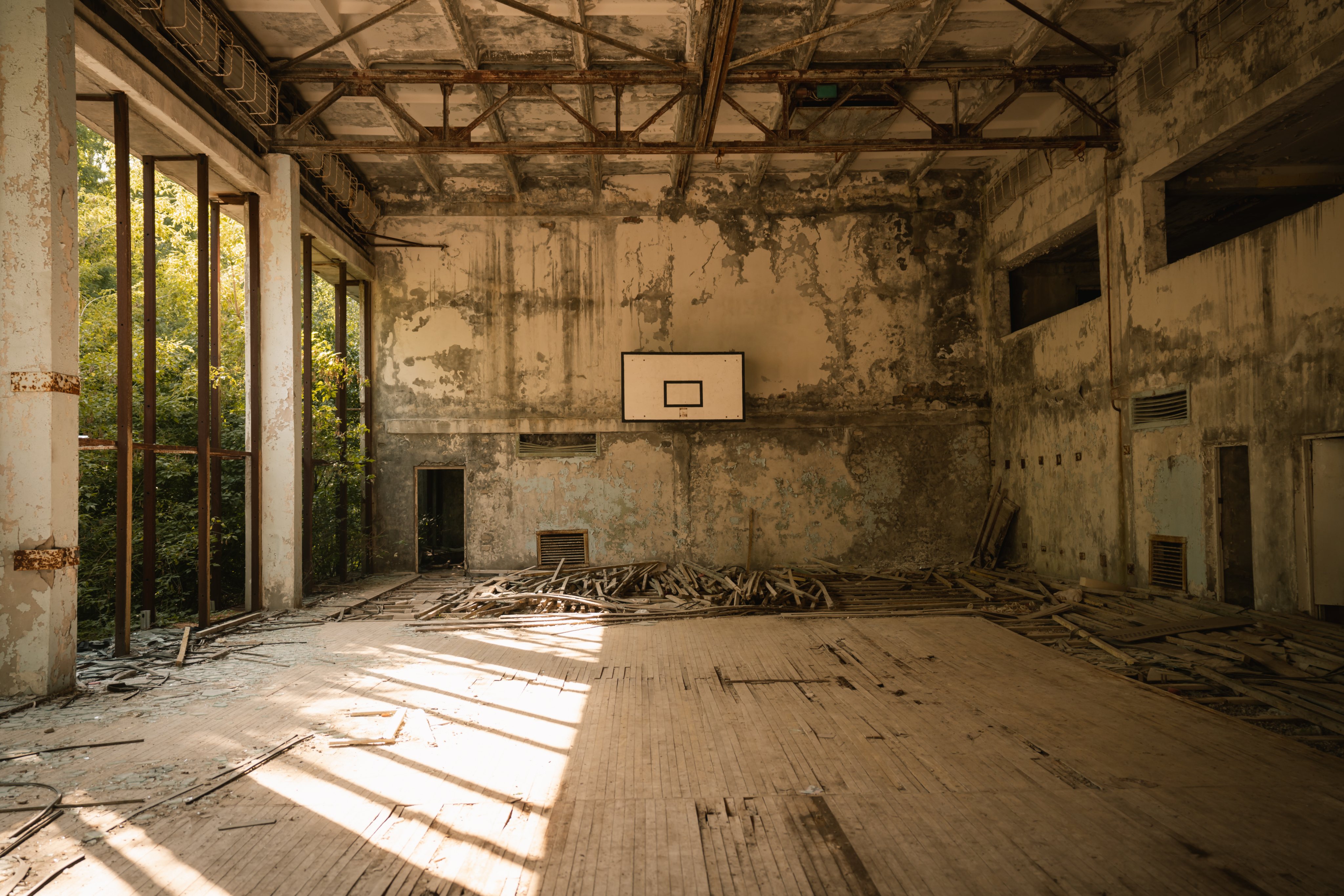 Basketball court at Azure Swimming Pool and Sport Center - Pripyat, Chernobyl Exclusion Zone, Ukraine