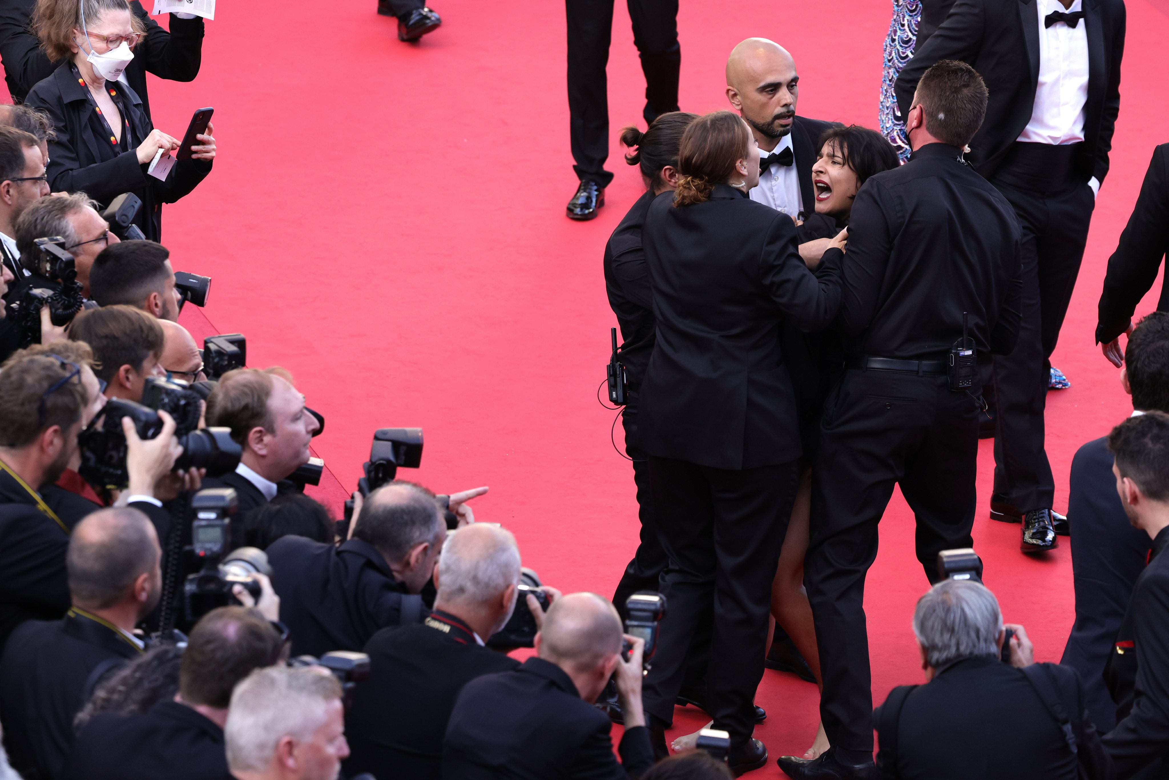 Protesters On The &quot;Three Thousand Years Of Longing (Trois Mille Ans A T&#039;Attendre)&quot; Red Carpet - The 75th Annual Cannes Film Festival